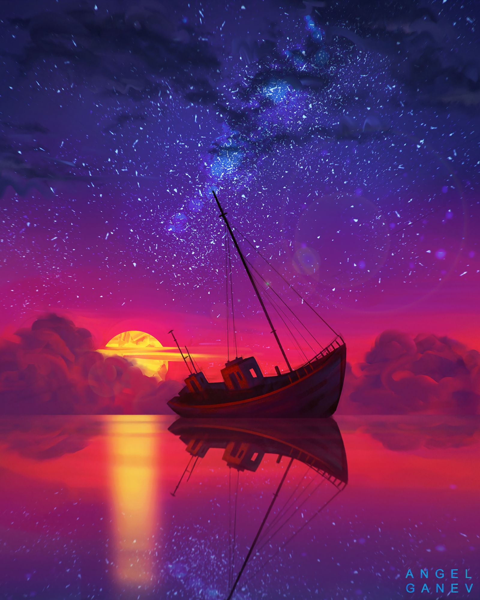 sunset, ship, art, horizon, full moon FHD, 4K, UHD