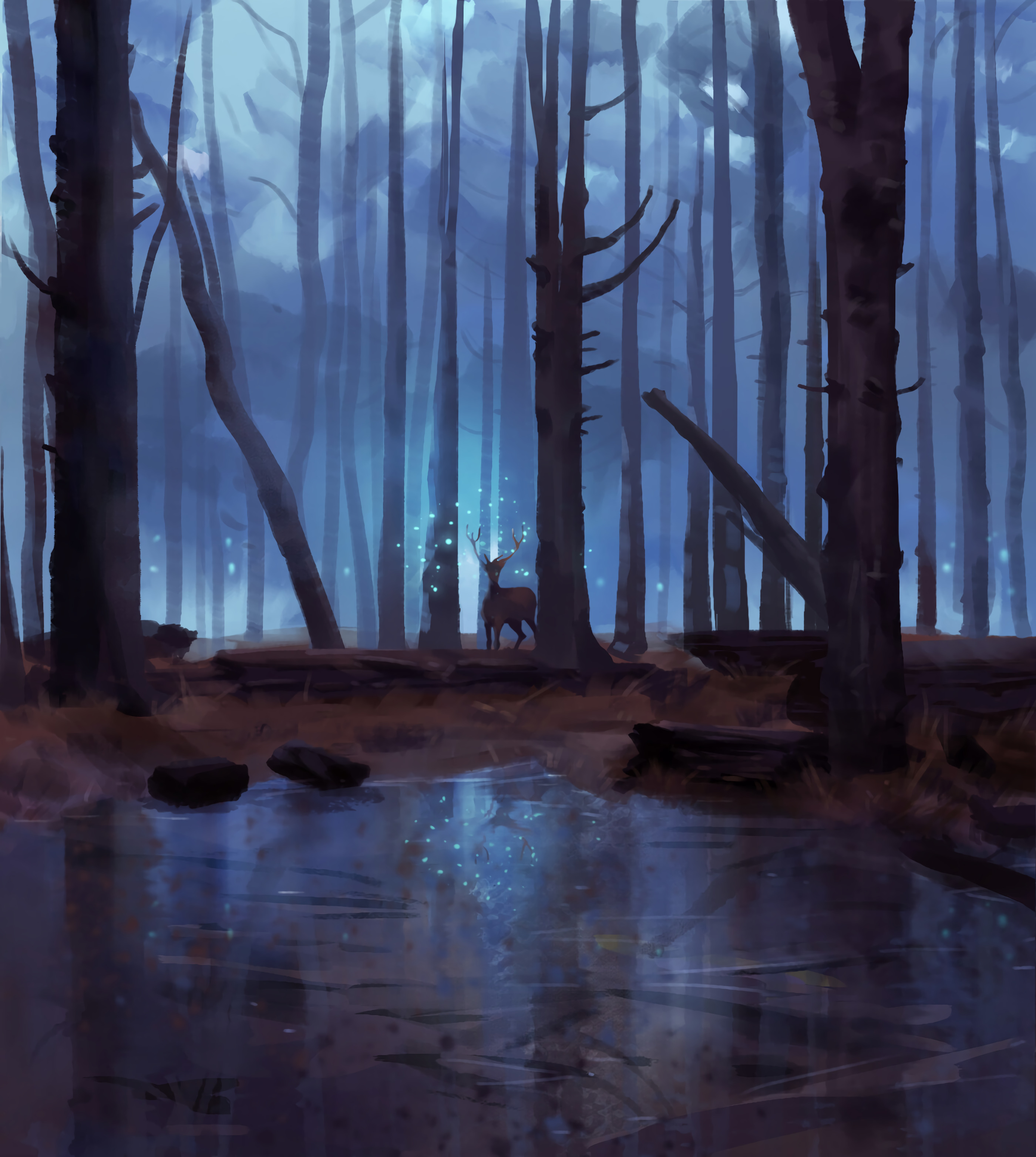 art, magic, deer, lake, forest download HD wallpaper