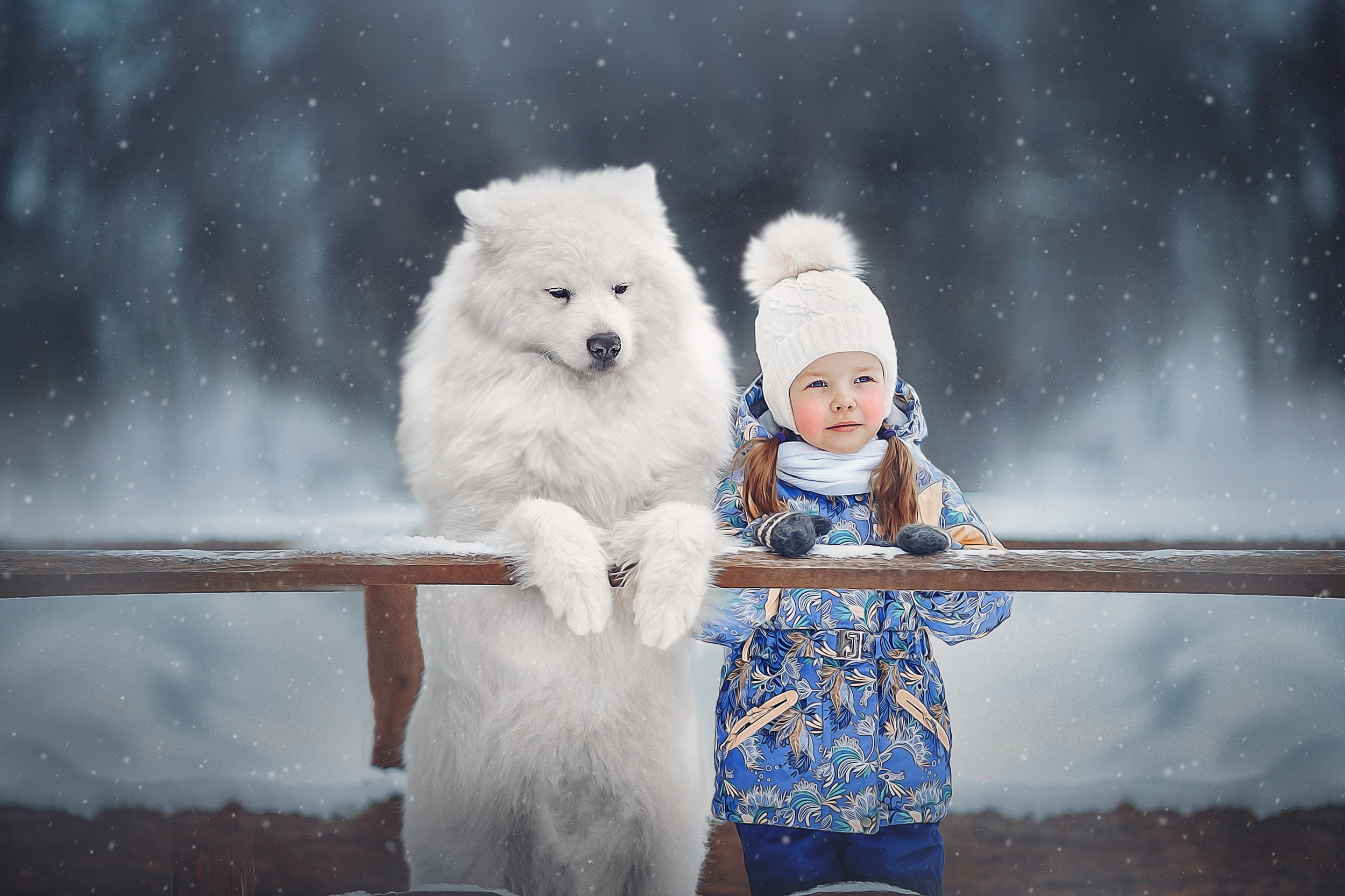 Скачать картинку Зима, Собака, Ребенок, Фотографии, Самоедская Собака в телефон бесплатно.