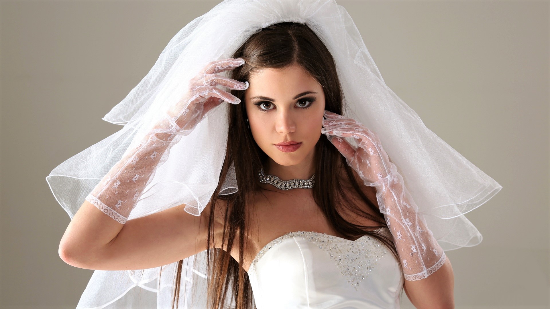 Download mobile wallpaper Veil, Brunette, Bride, Women, Wedding Dress, Brown Eyes, White Dress for free.