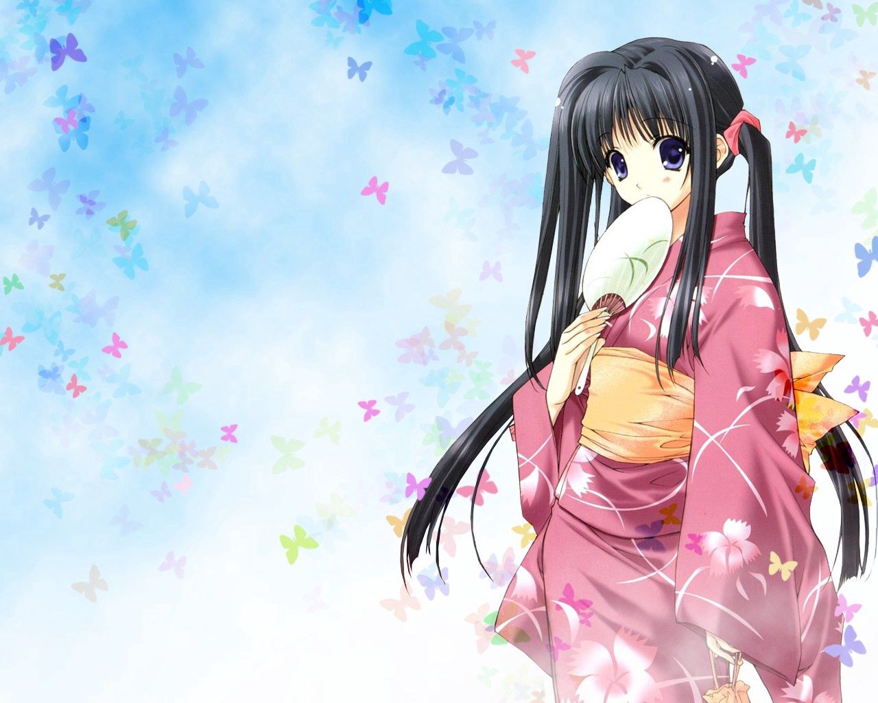 Download mobile wallpaper Fan, Brunette, Kimono, Girl, Anime for free.