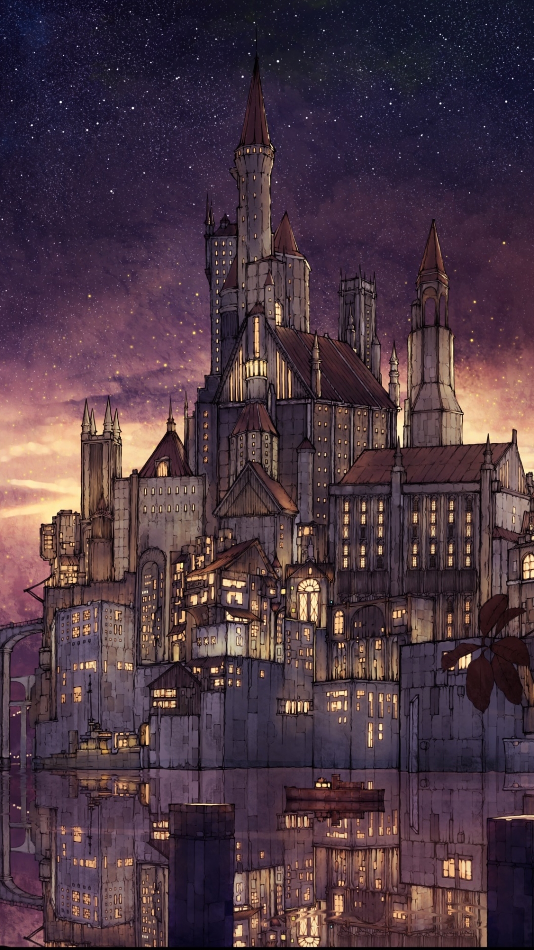 Download mobile wallpaper Anime, Night, Light, Original, Castle for free.