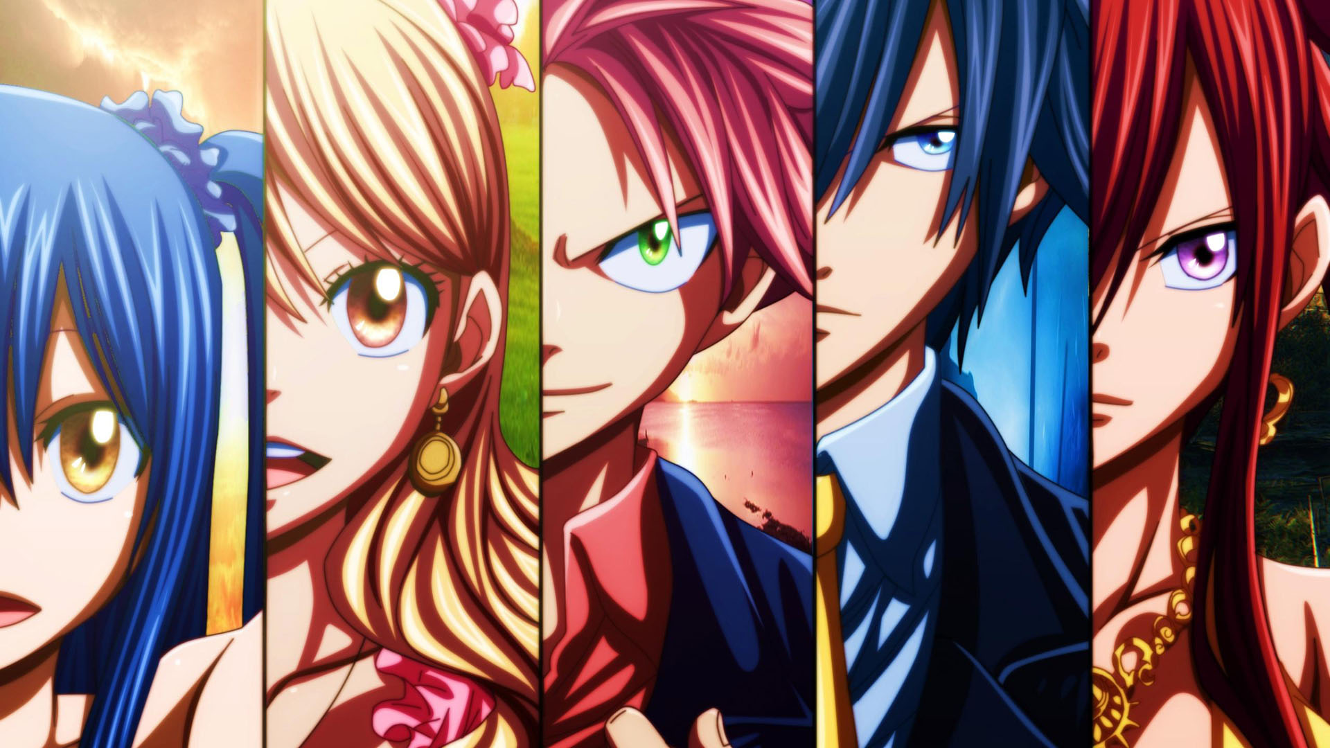 anime, fairy tail, erza scarlet, gray fullbuster, lucy heartfilia, natsu dragneel, wendy marvell