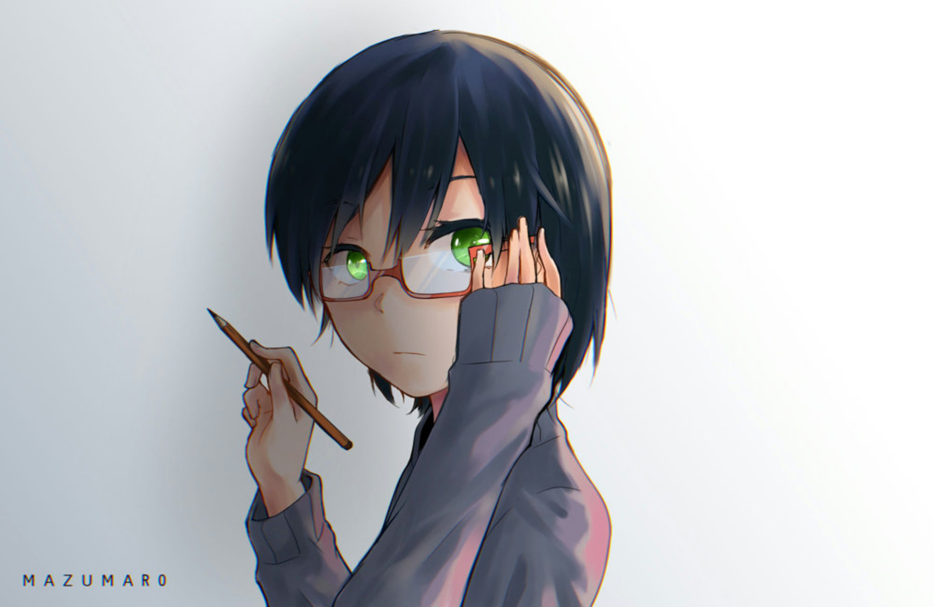 Free download wallpaper Anime, Pencil, Glasses, Green Eyes, Original, Black Hair on your PC desktop