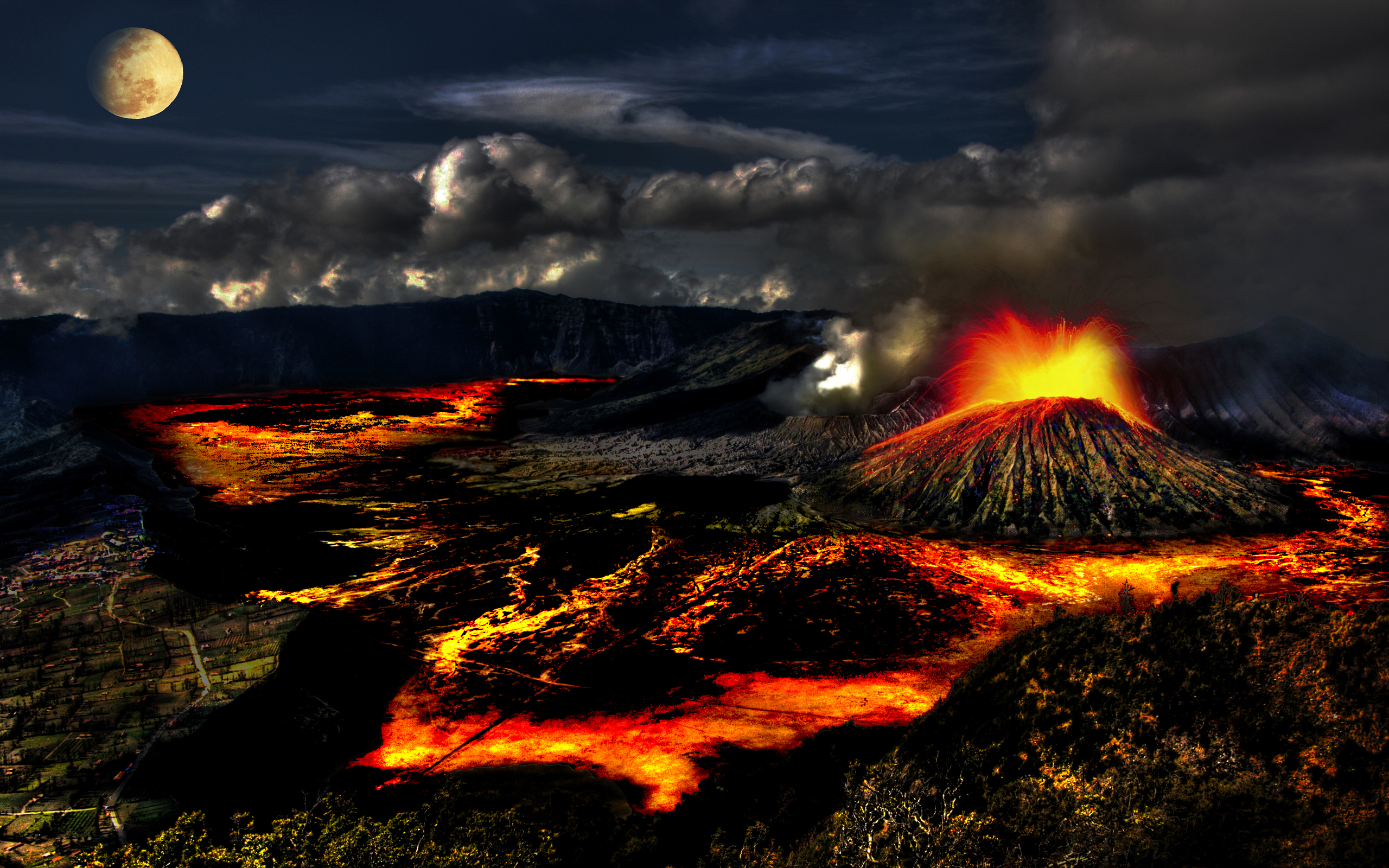 Download mobile wallpaper Fire, Night, Moon, Earth, Volcano, Lava, Volcanoes for free.