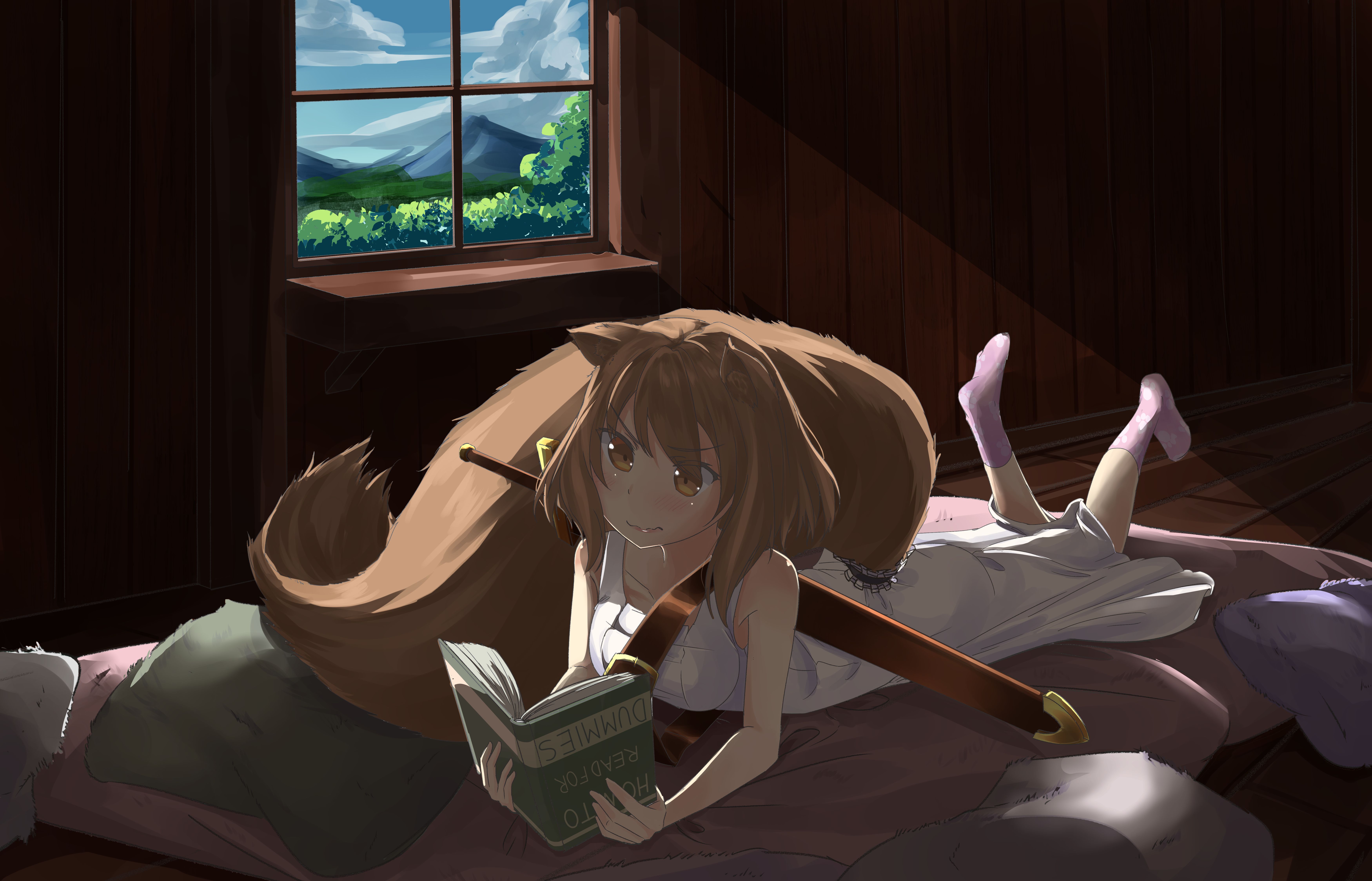 anime, original, lying down, reading, sword, tail