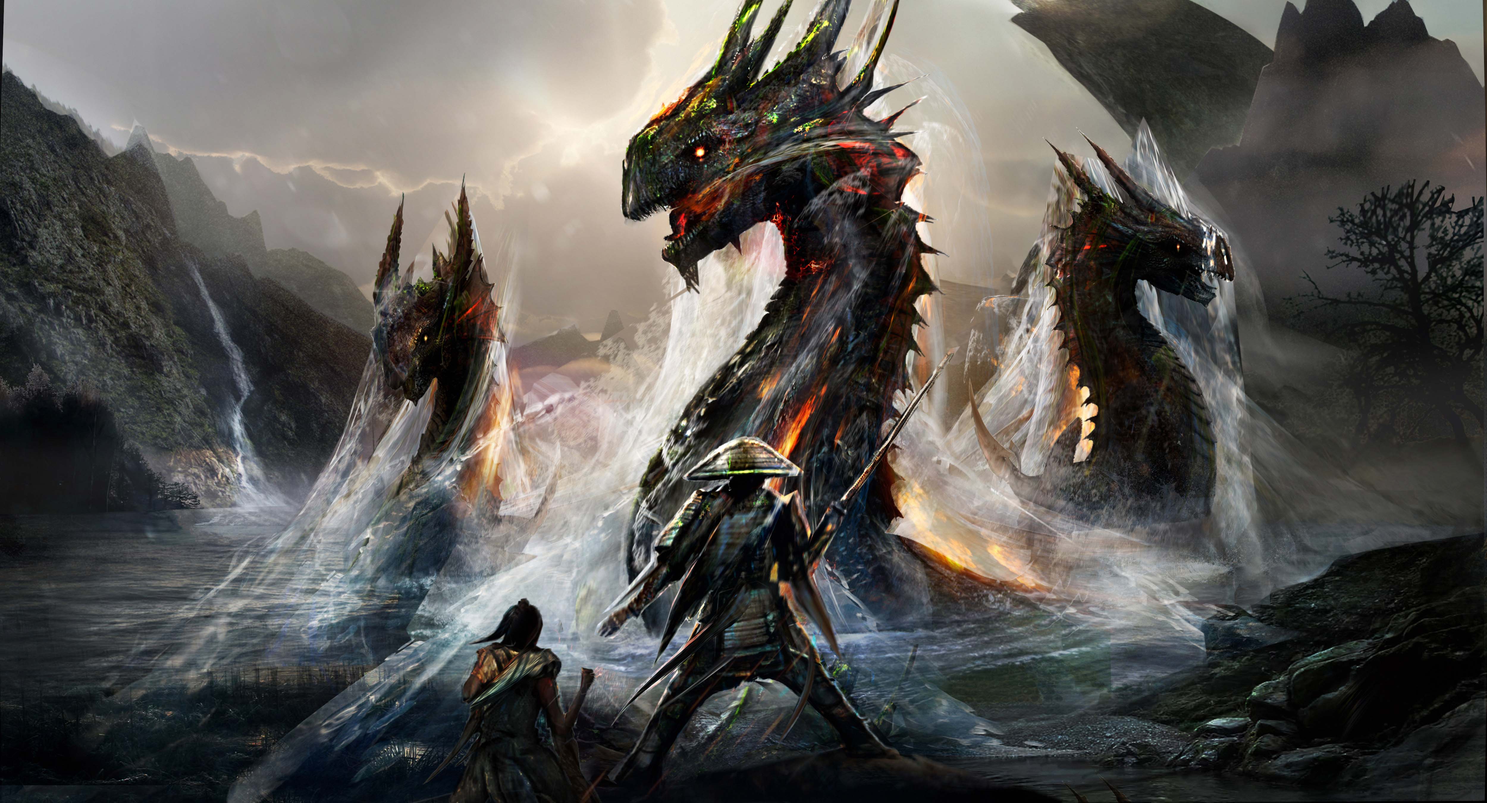 Free download wallpaper Fantasy, Warrior, Creature, Samurai, Sea Monster on your PC desktop