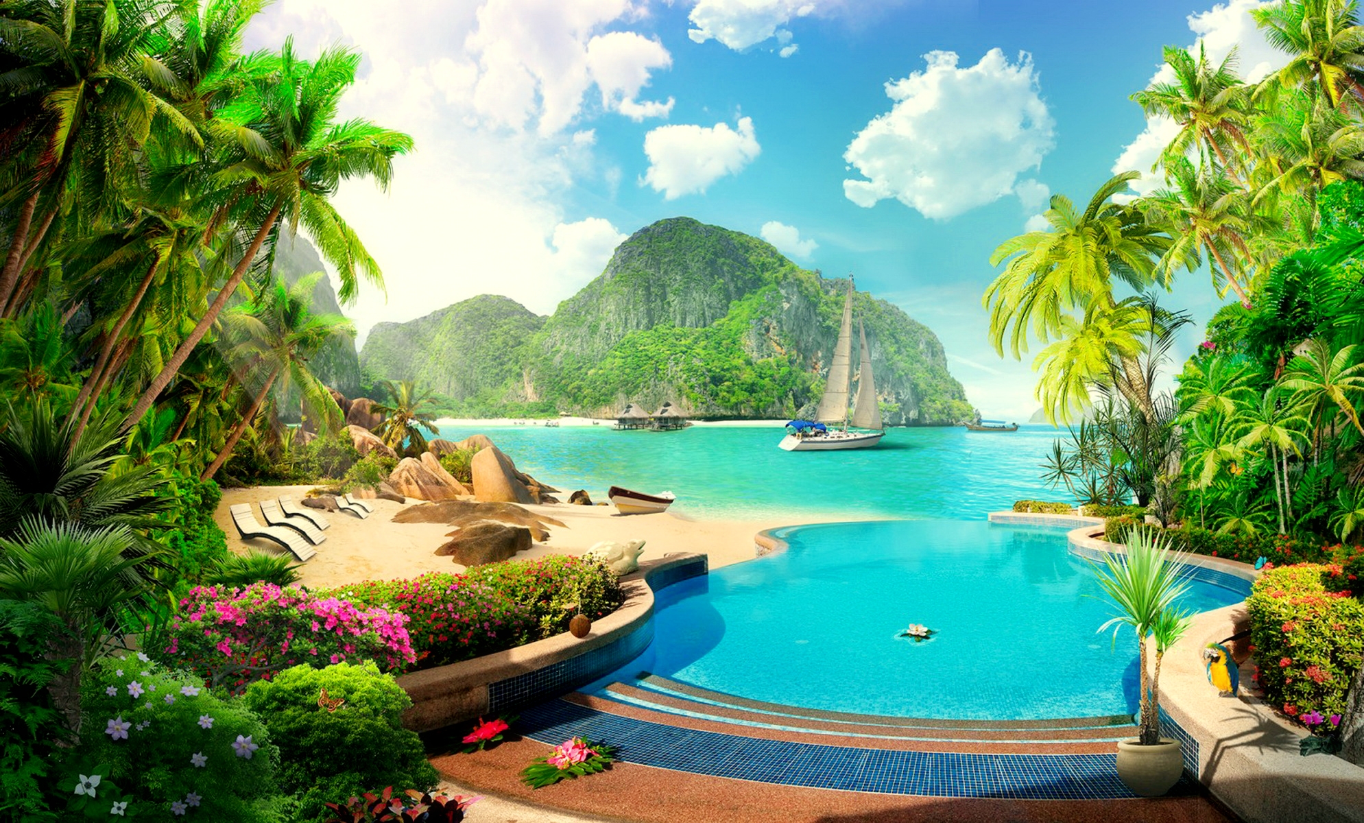 Free download wallpaper Mountain, Boat, Tropical, Resort, Man Made, Palm Tree on your PC desktop