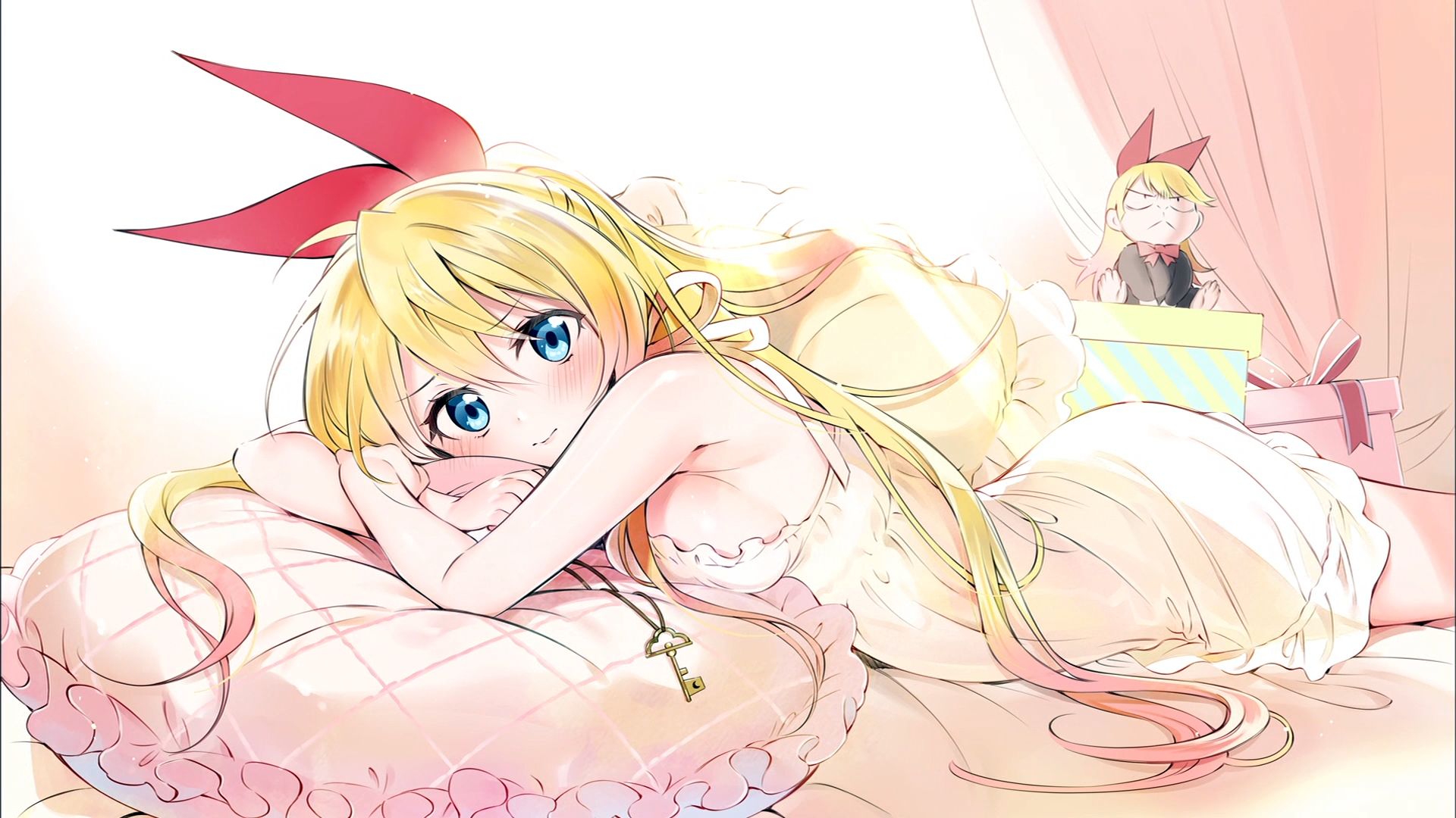 lying down, anime, nisekoi, blonde, blue eyes, blush, chitoge kirisaki, dress, long hair, pillow, white dress