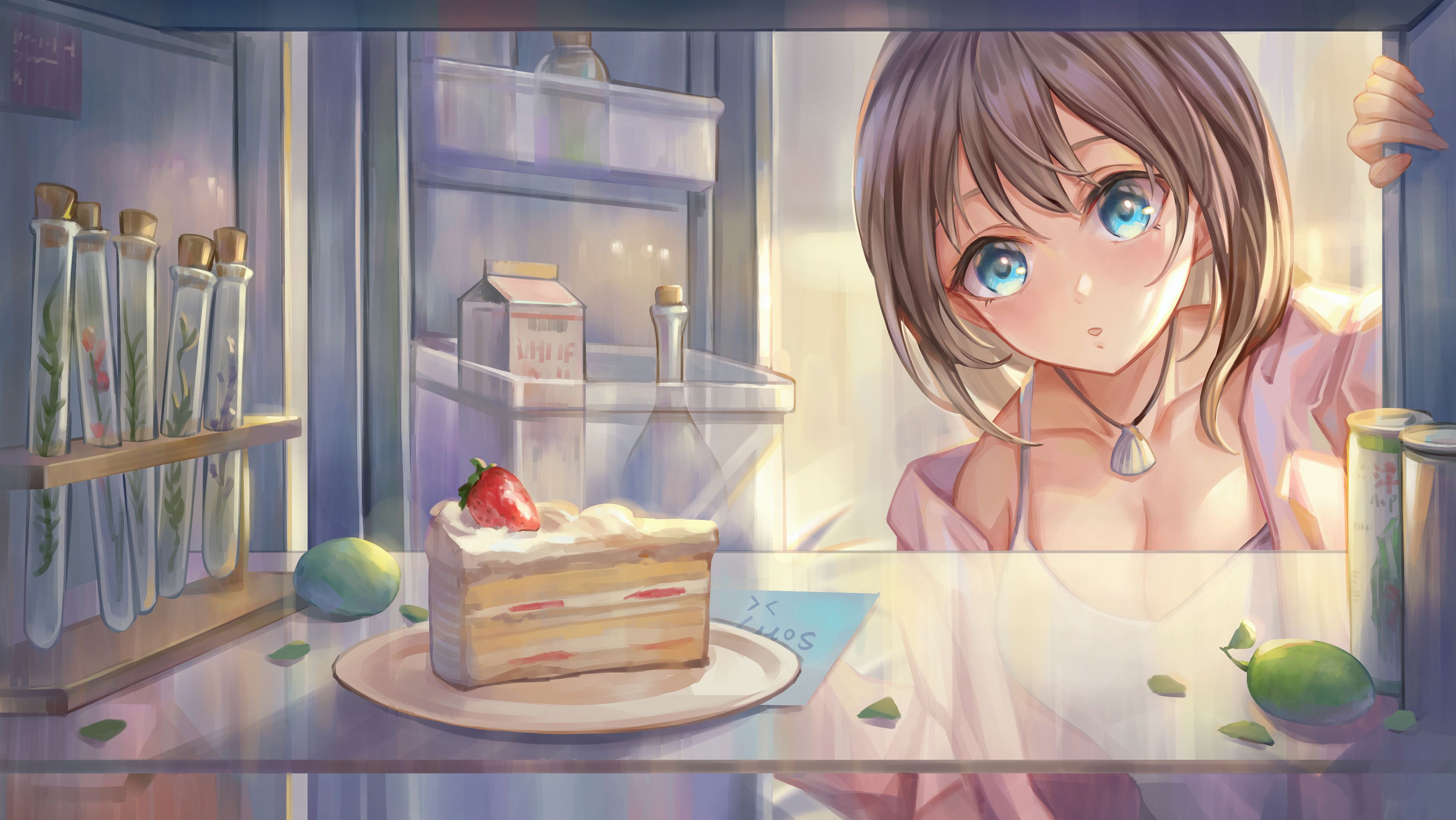 Download mobile wallpaper Anime, Cake, Girl, Brown Hair, Short Hair, Aqua Eyes for free.