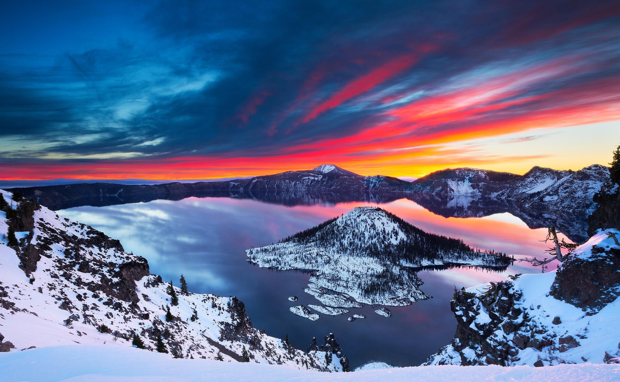 winter, oregon, earth, crater lake, forest, lake, sky, snow, sunrise, sunset