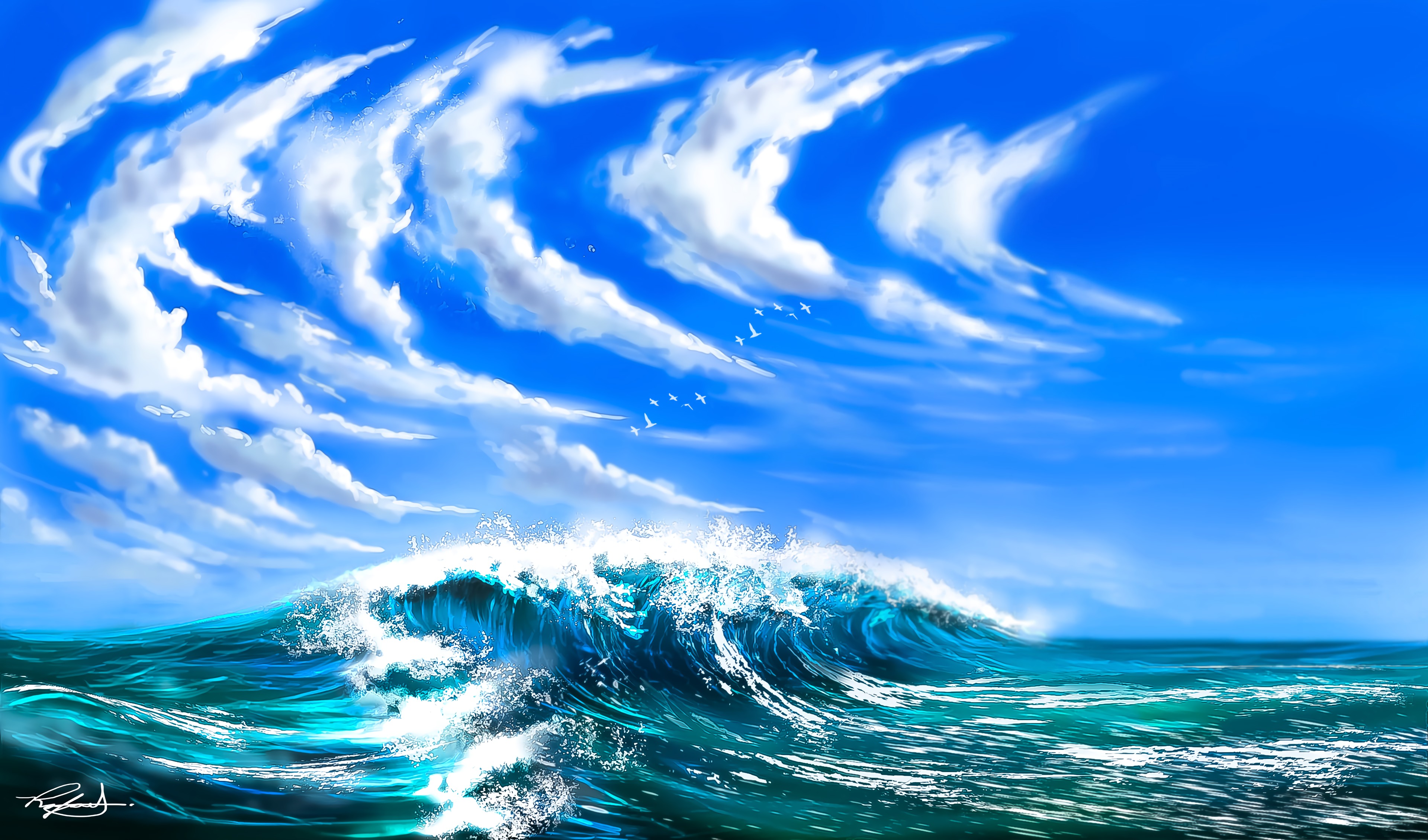 Скачать обои бесплатно Облака, Птицы, Арт, Море, Волны картинка на рабочий стол ПК