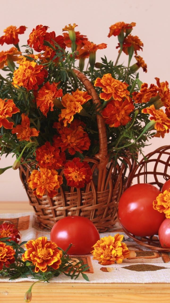 Download mobile wallpaper Still Life, Flower, Bouquet, Photography, Tomato, Juice, Orange Flower for free.