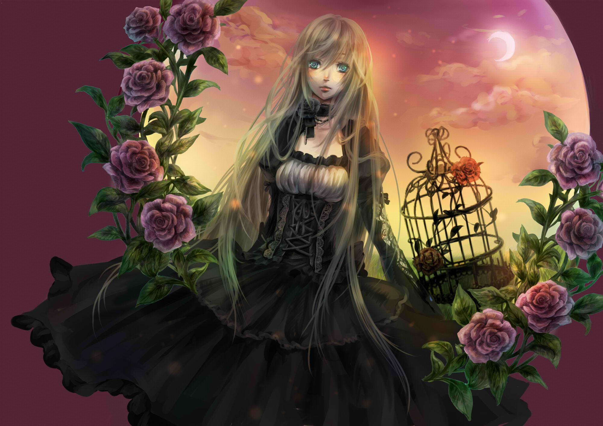 Download mobile wallpaper Anime, Fantasy, Flower, Rose, Girl, Birdcage for free.