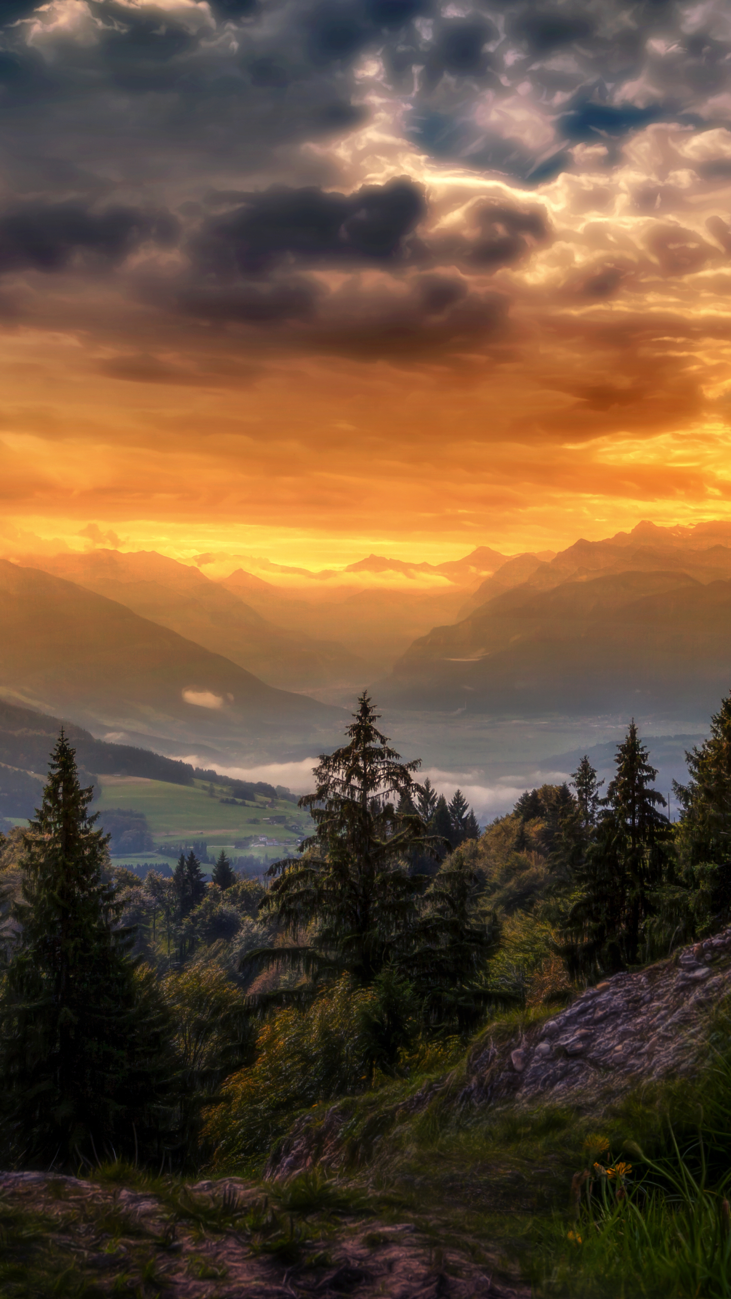 Скачать картинку Пейзаж, Швейцария, Долина, Ландшафт, Фотографии, Закат Солнца в телефон бесплатно.