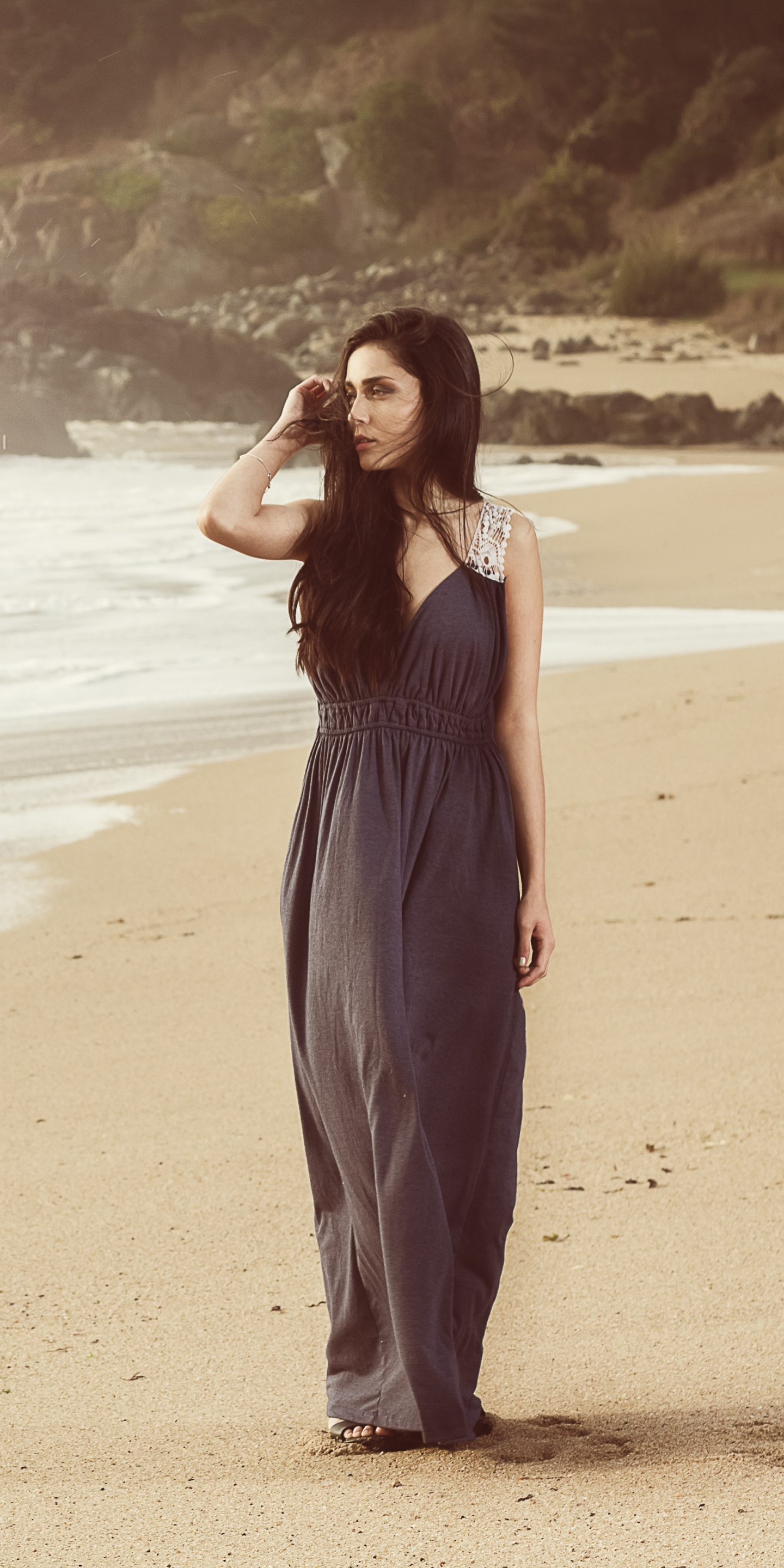 Download mobile wallpaper Beach, Sand, Mood, Dress, Brunette, Model, Women for free.