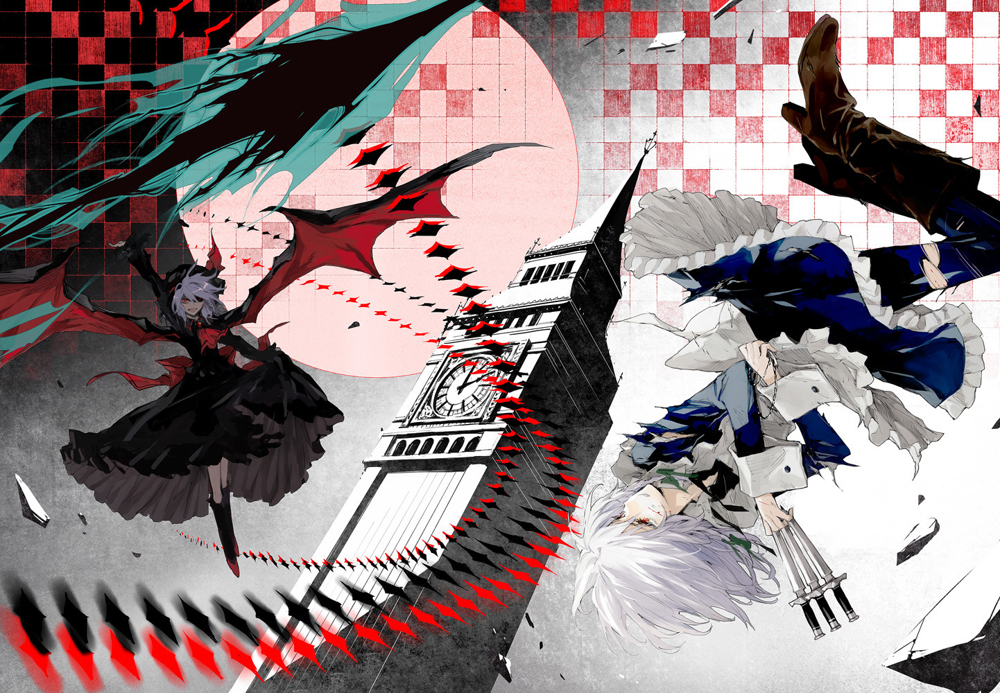 Download mobile wallpaper Anime, Big Ben, Wings, Red Eyes, Remilia Scarlet, Touhou, White Hair, Sakuya Izayoi for free.