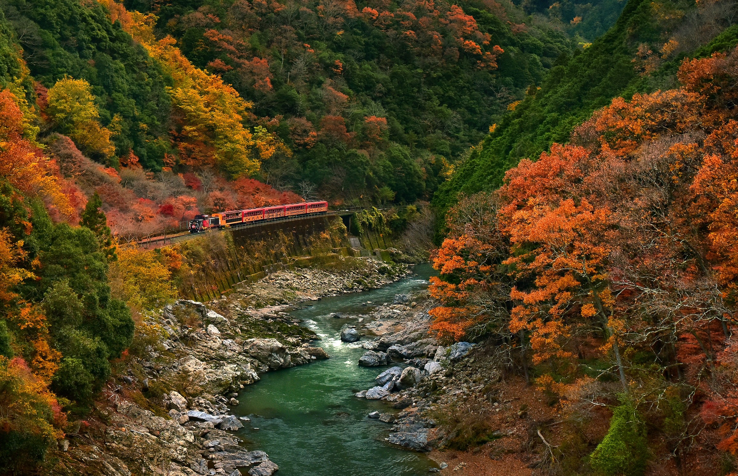 Download mobile wallpaper Fall, River, Train, Vehicles for free.