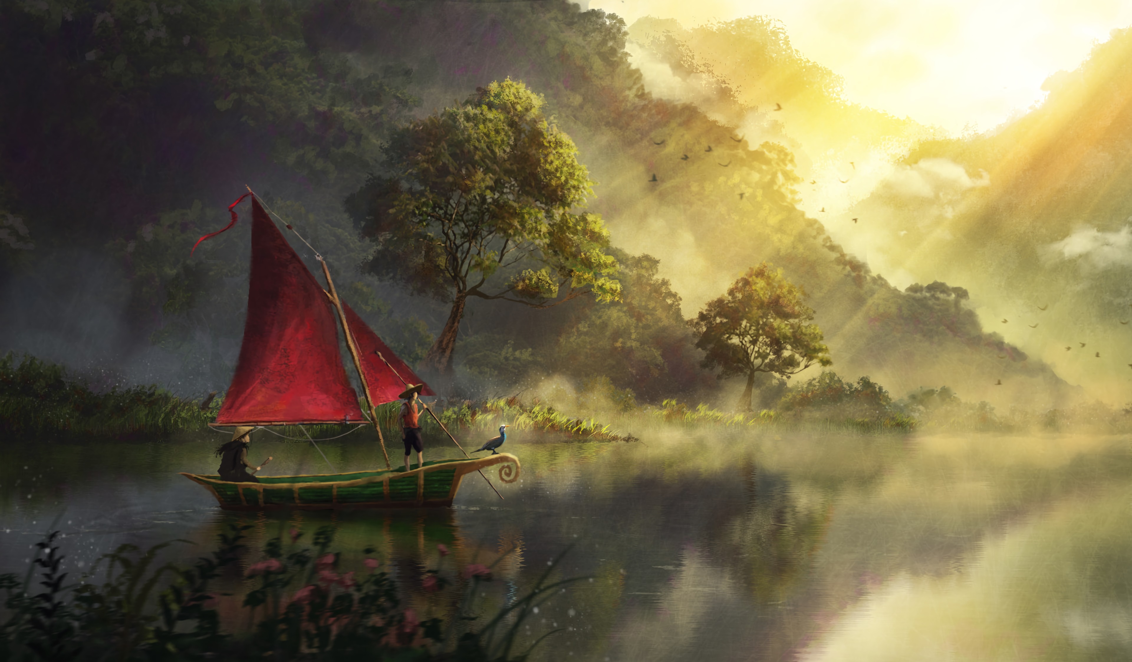 art, boat, rivers, dawn, fog Full HD