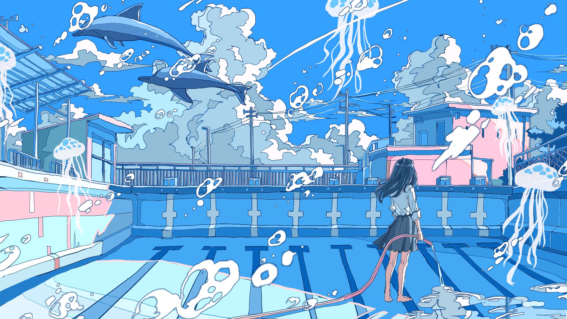 Download mobile wallpaper Anime, Jellyfish, Girl, Dolphin, Black Hair for free.