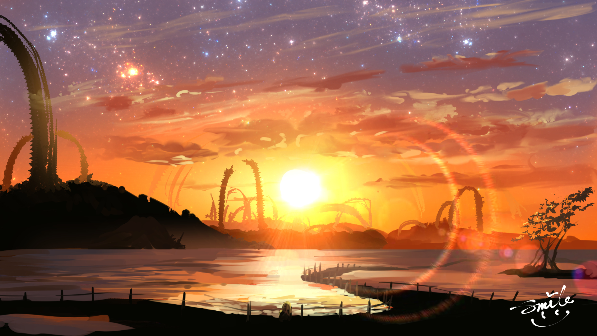 Download mobile wallpaper Anime, Sky, Stars, Lake, Tree, Cloud, Original, Sunshine for free.