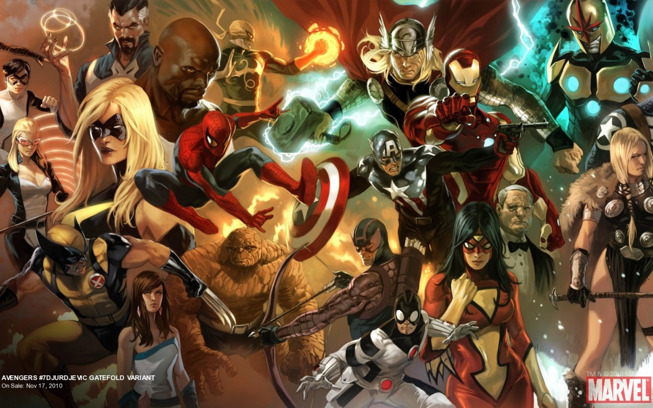 comics, avengers, captain america, hawkeye, iron man, ms marvel, nova (marvel comics), spider man, spider woman, thing (marvel comics), thor, wolverine