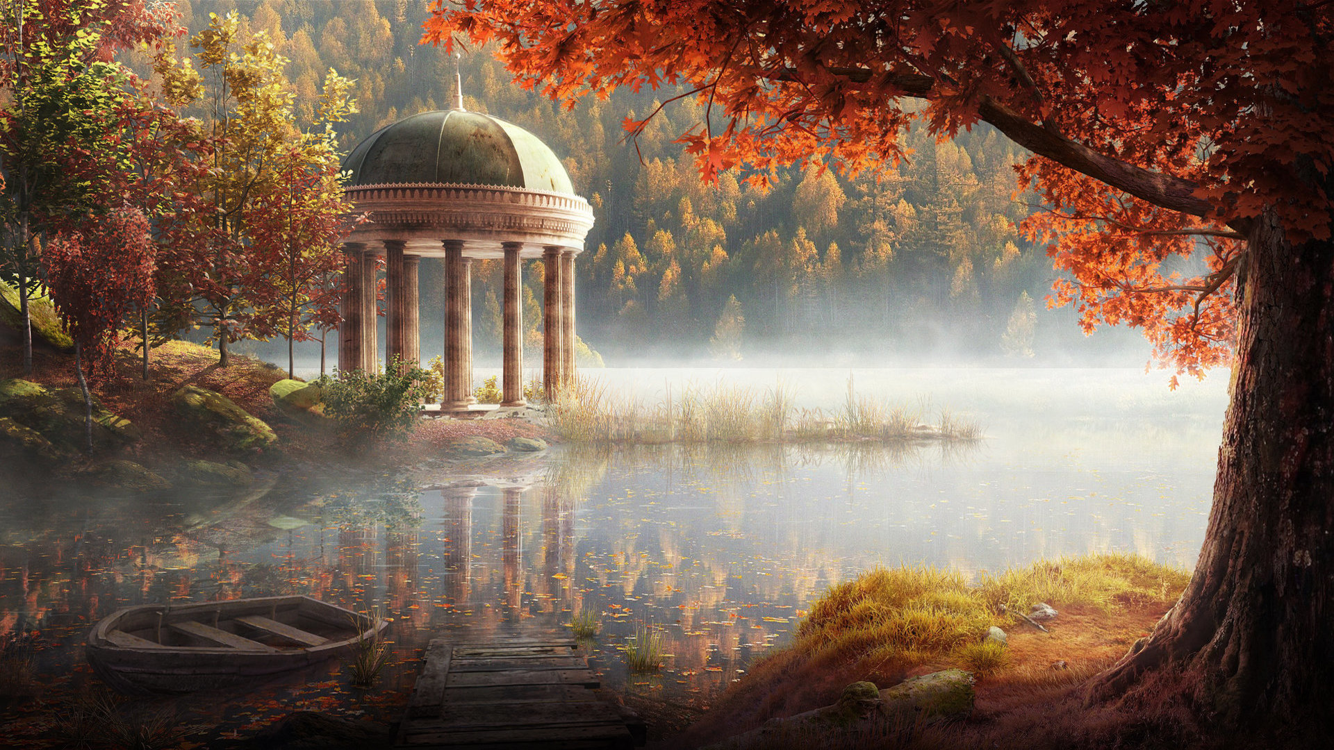 Download mobile wallpaper Nature, Lake, Fall, Artistic, Gazebo, Place for free.