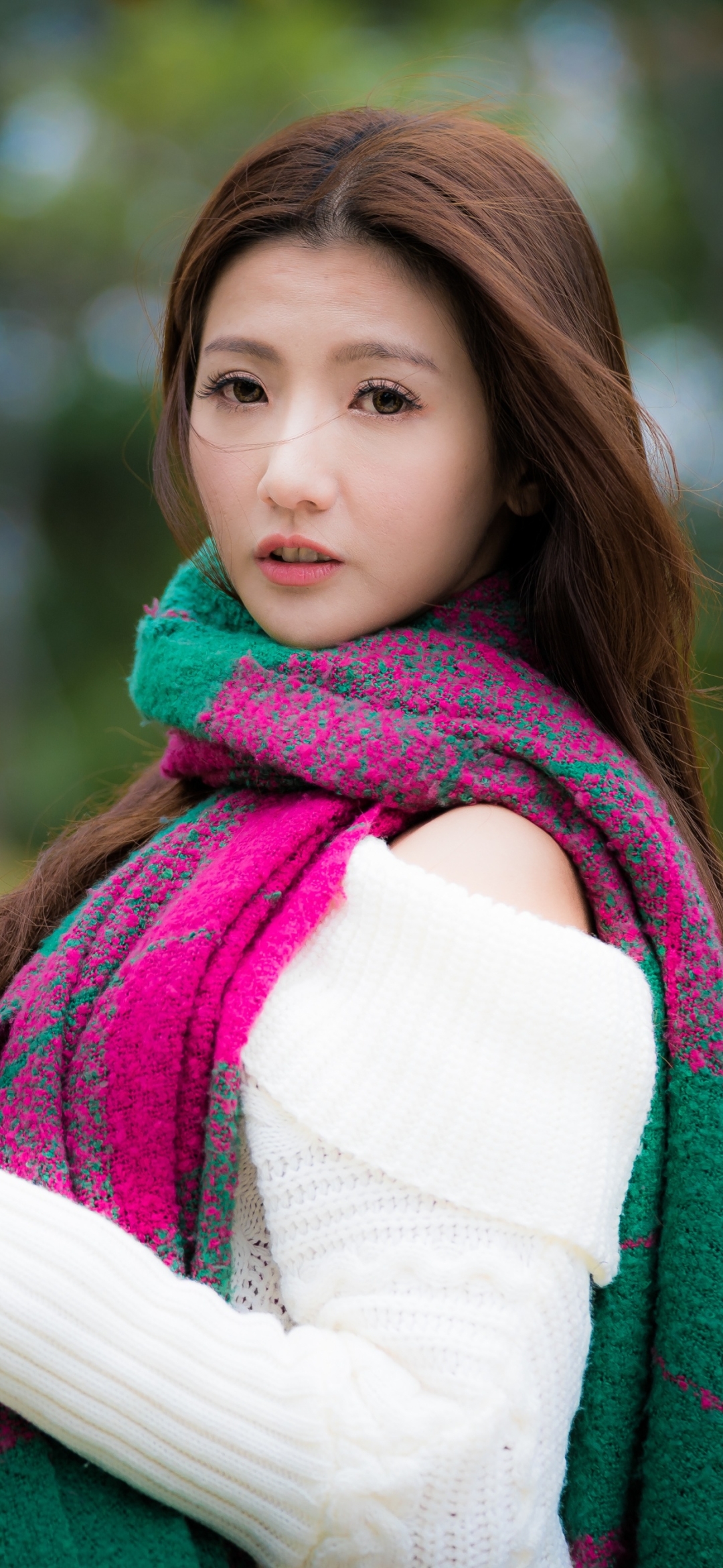 Download mobile wallpaper Brunette, Model, Women, Scarf, Asian, Long Hair for free.