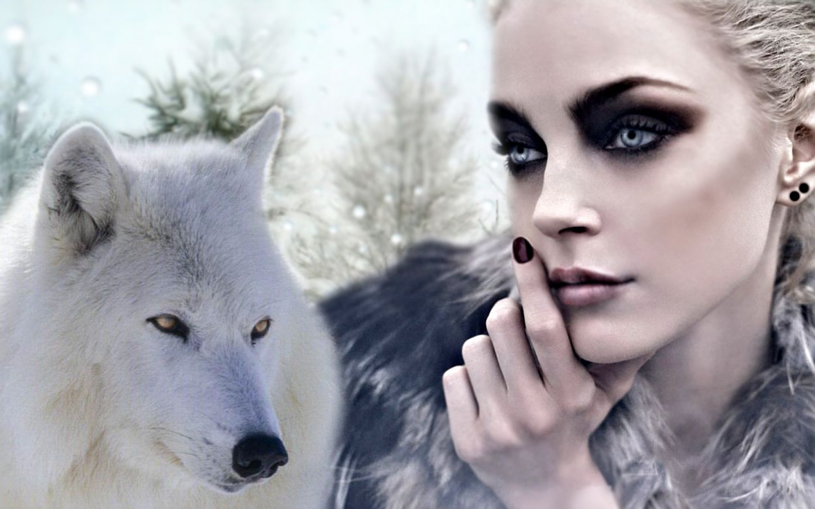 PCデスクトップにファンタジー, 狼, 女性, 化粧, 白いオオカミ画像を無料でダウンロード