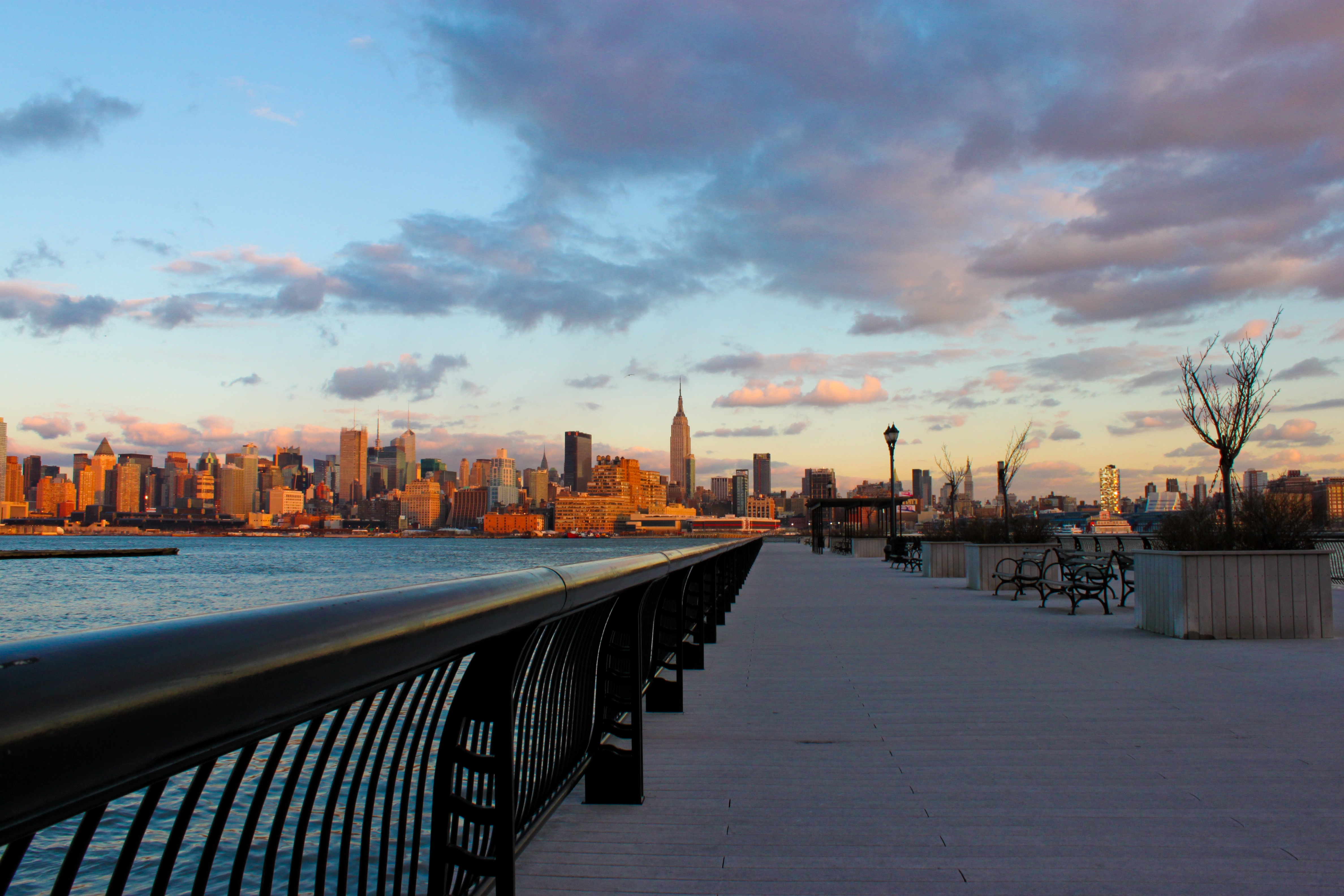 new york, cities, water, sunset, city, skyscrapers, evening, embankment, quay, ny Desktop Wallpaper