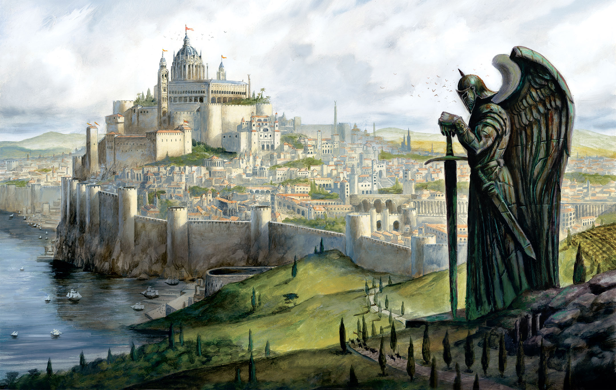 Free download wallpaper Fantasy, City, Statue, Castle on your PC desktop