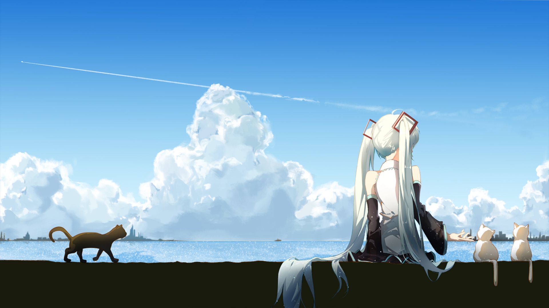 Free download wallpaper Anime, Water, Cat, Cloud, Vocaloid, Blue Hair, Long Hair on your PC desktop