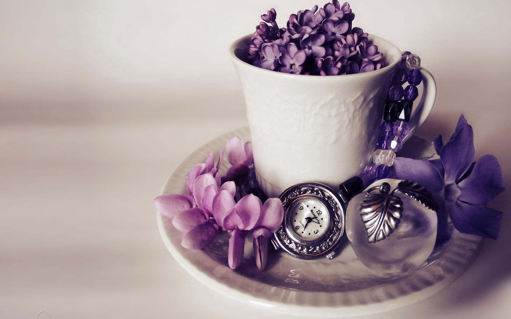perfume, flowers, lilac, clock, tea set