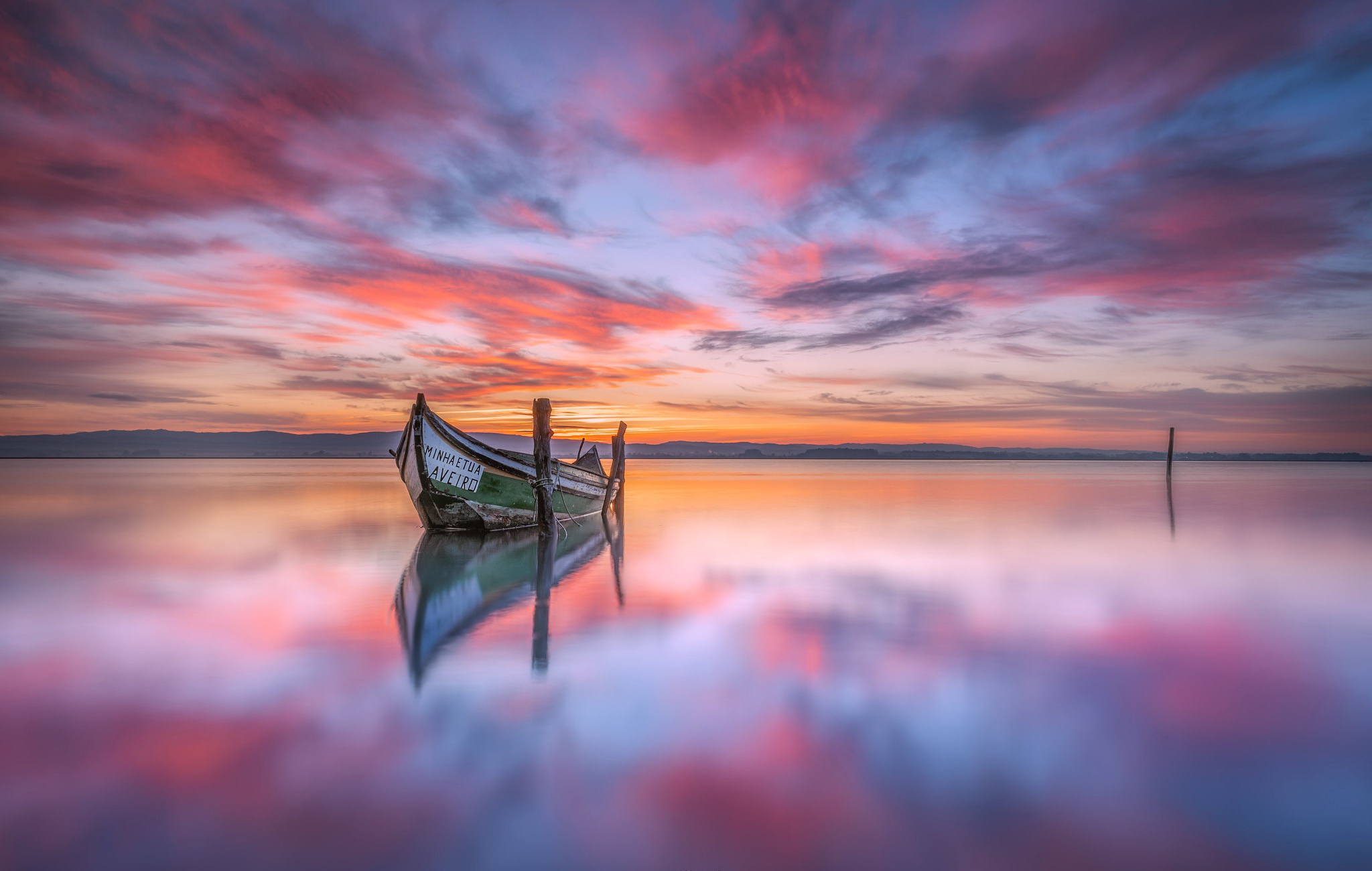 Free download wallpaper Sunset, Lake, Reflection, Boat, Vehicles on your PC desktop