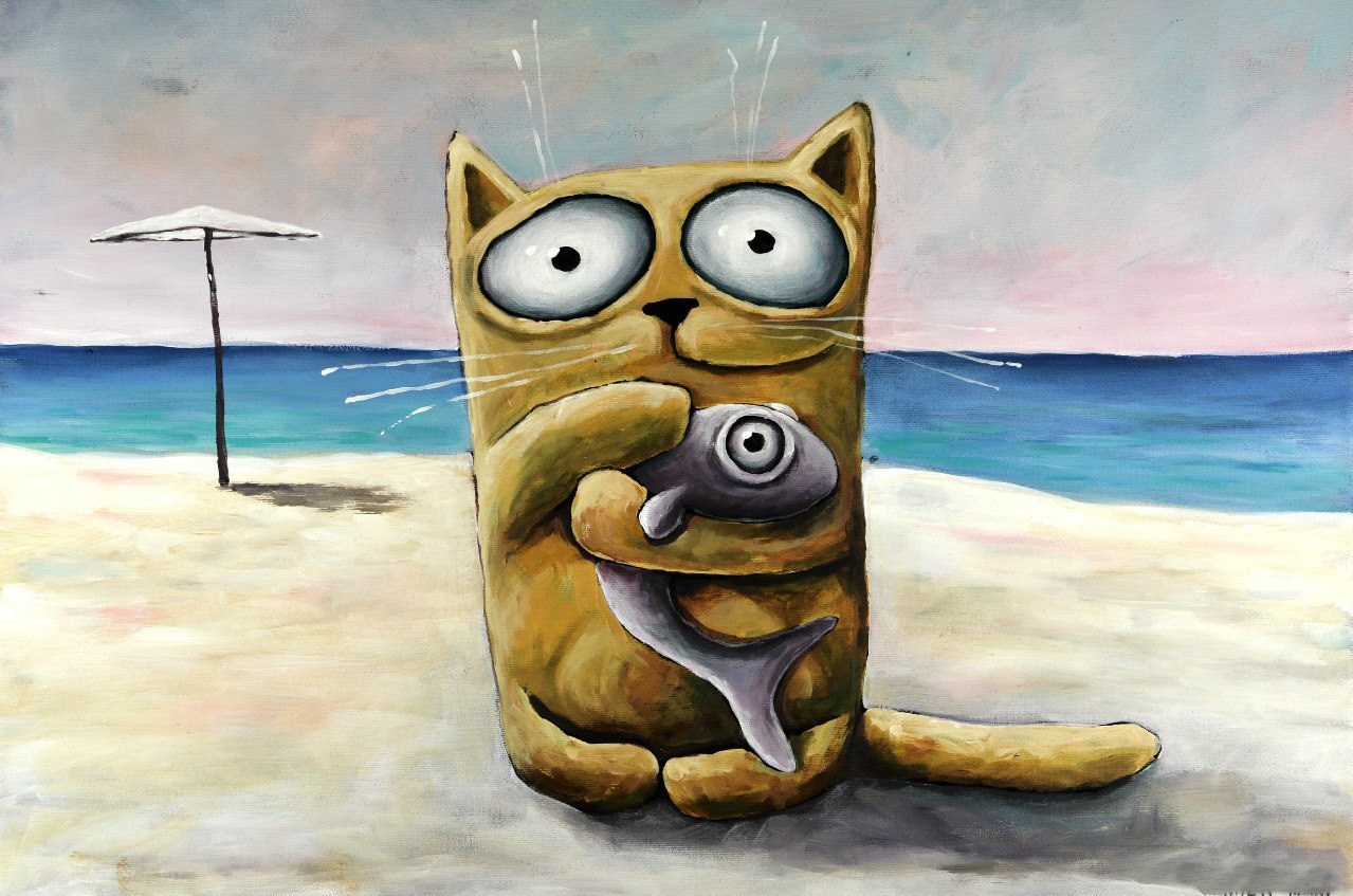 Скачать картинку Животные, Море, Пляж, Кошки (Коты Котики), Рисунки в телефон бесплатно.