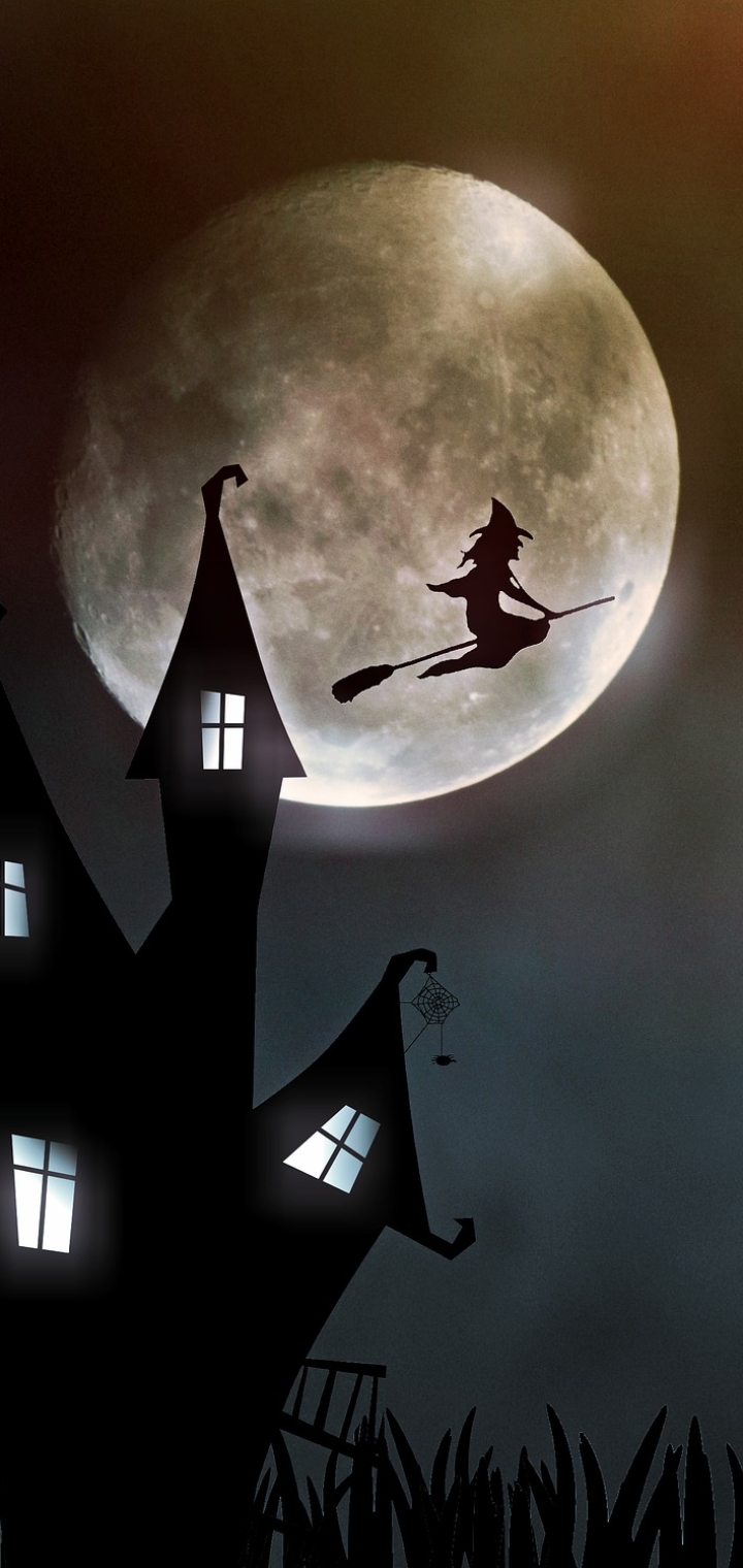 Download mobile wallpaper Halloween, Night, Moon, Holiday, House, Witch for free.