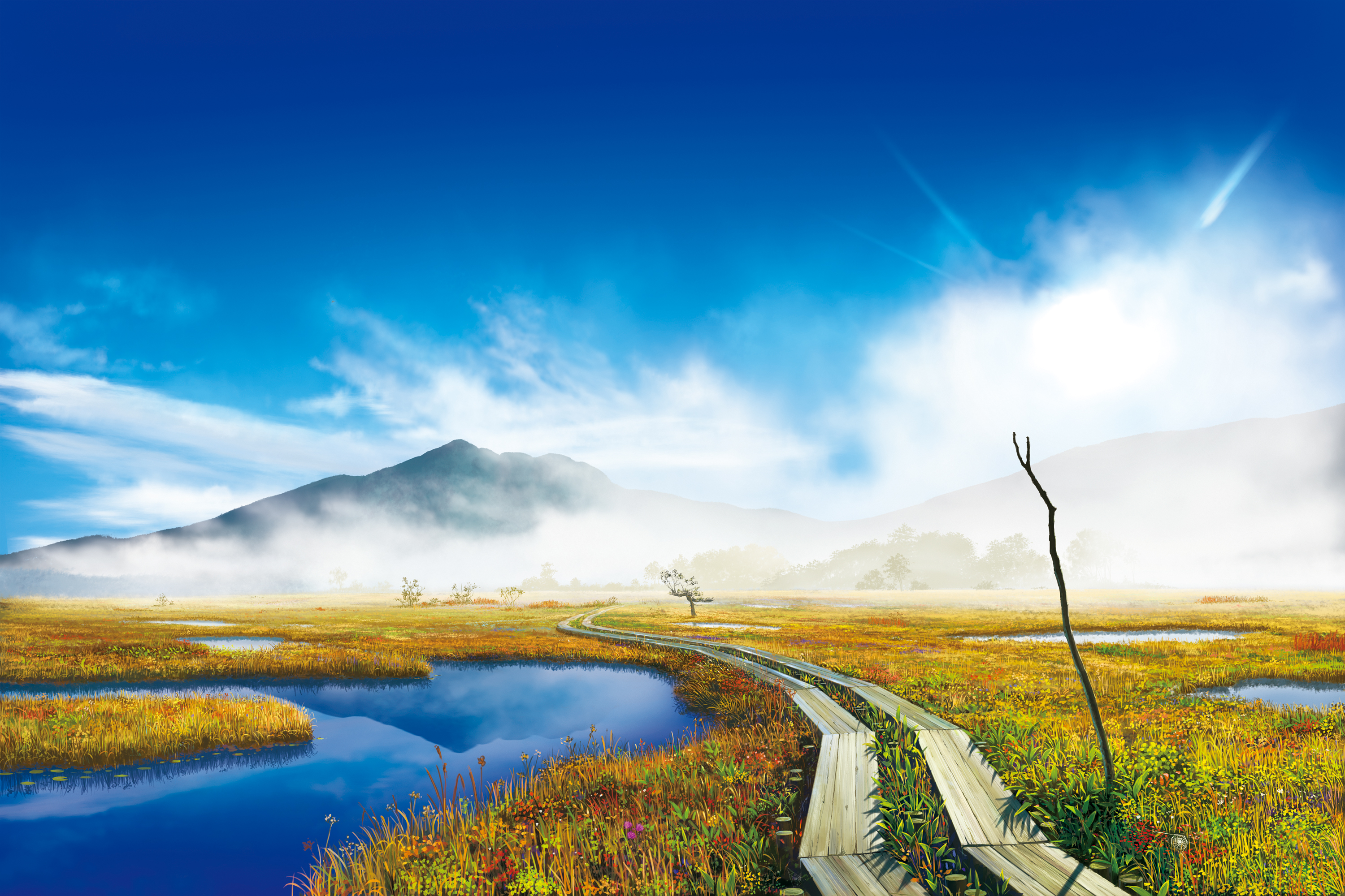 Free download wallpaper Anime, Landscape, Grass, Sky, Mountain, Reflection, Fog, Colorful, Cloud on your PC desktop