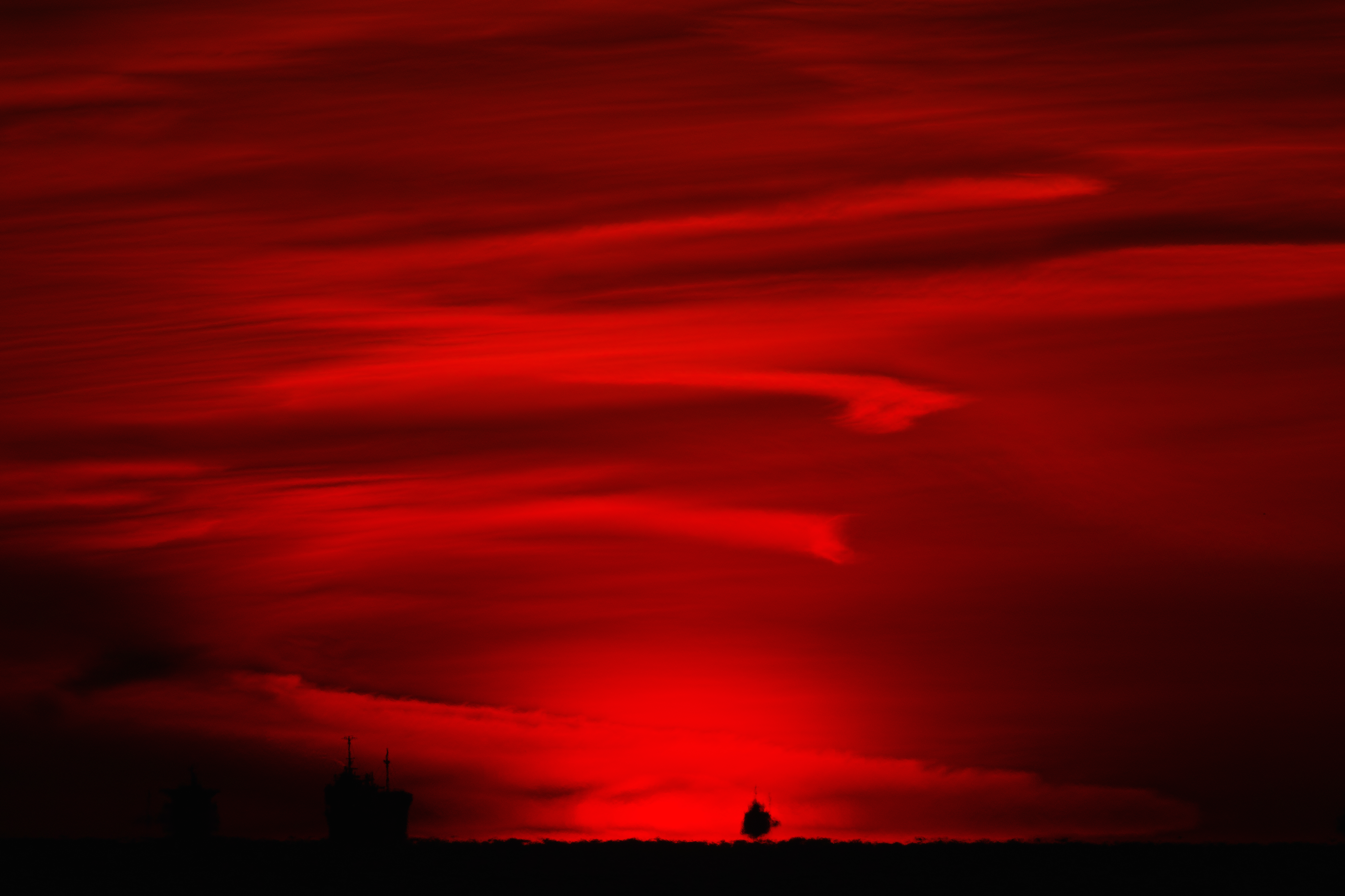 ship, night, red, horizon, dark Panoramic Wallpaper