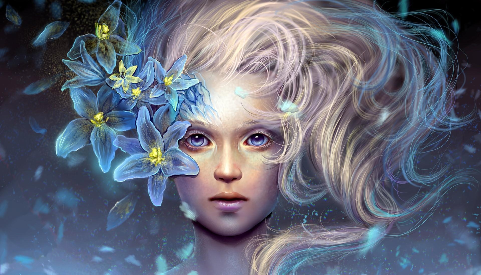 Free download wallpaper Flowers, Hair, Girl, Face, Fantasy on your PC desktop