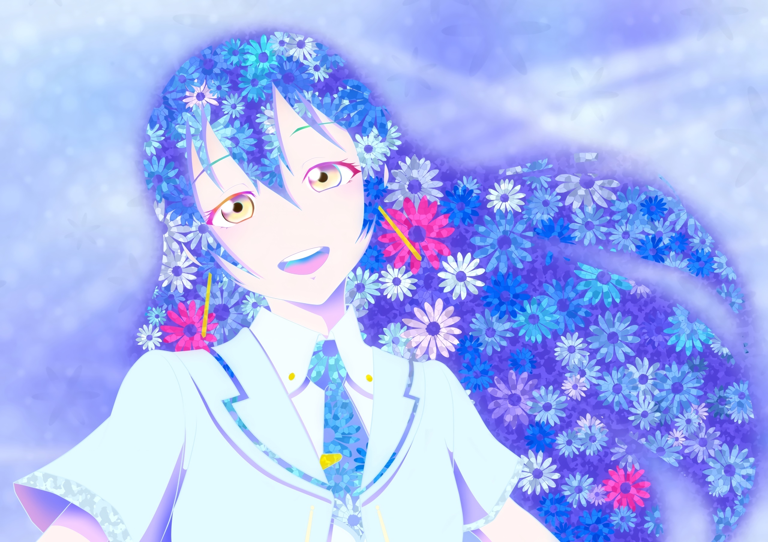 Download mobile wallpaper Anime, Flower, Smile, Tie, Blush, Long Hair, Umi Sonoda, Love Live! for free.