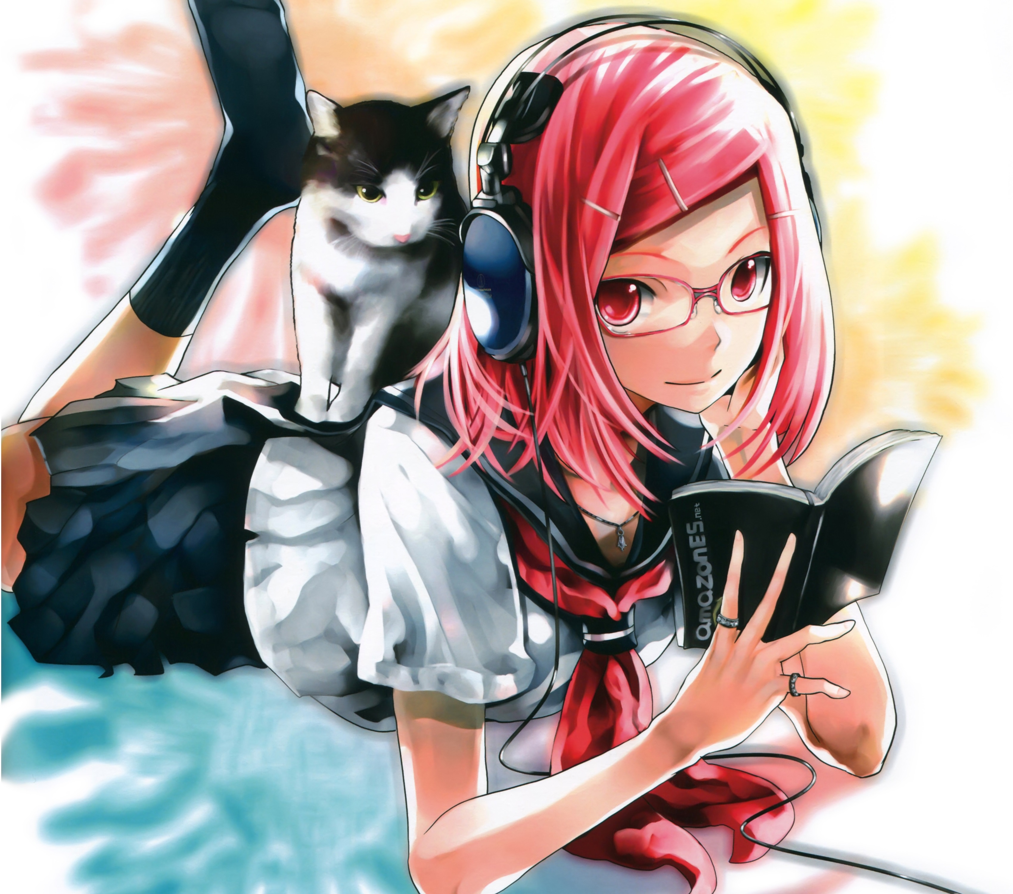 Download mobile wallpaper Anime, Headphones, Cat, Smile, Book, Glasses, Pink Hair, Red Eyes, Short Hair for free.