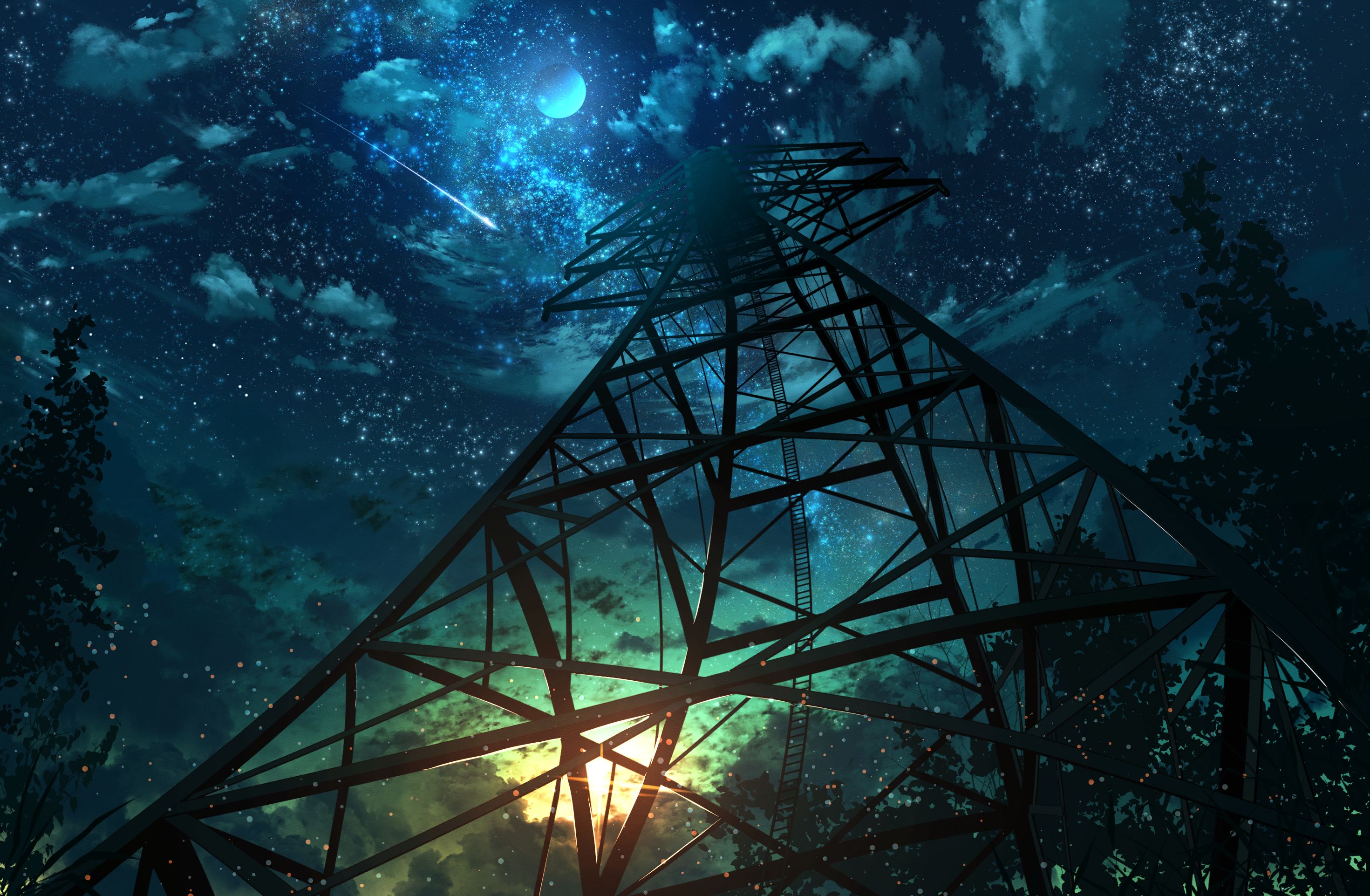 anime, original, night, sky, starry sky, tower