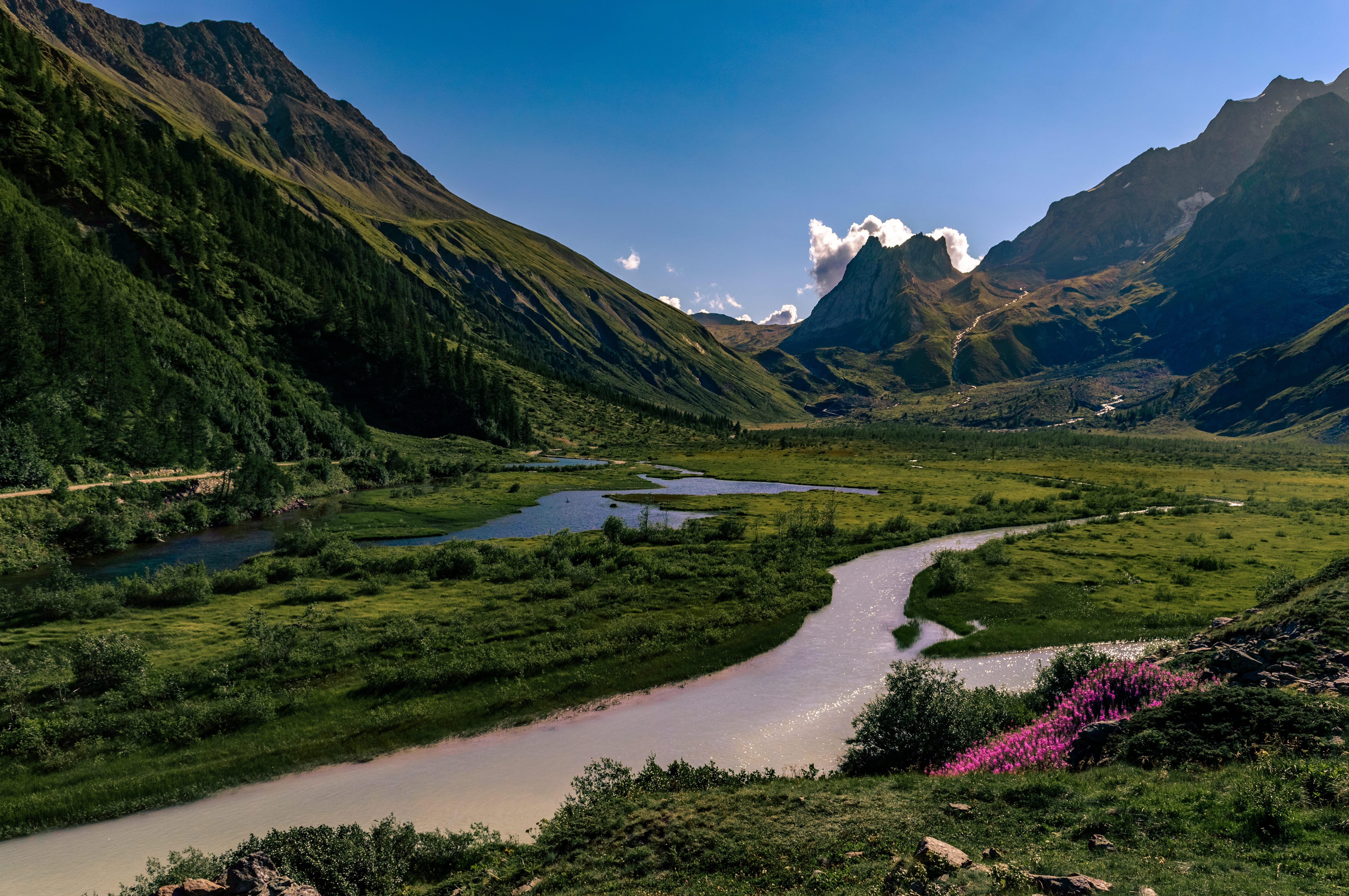 Free download wallpaper Rocks, Nature, Flowers, Rivers, Mountains, Landscape on your PC desktop