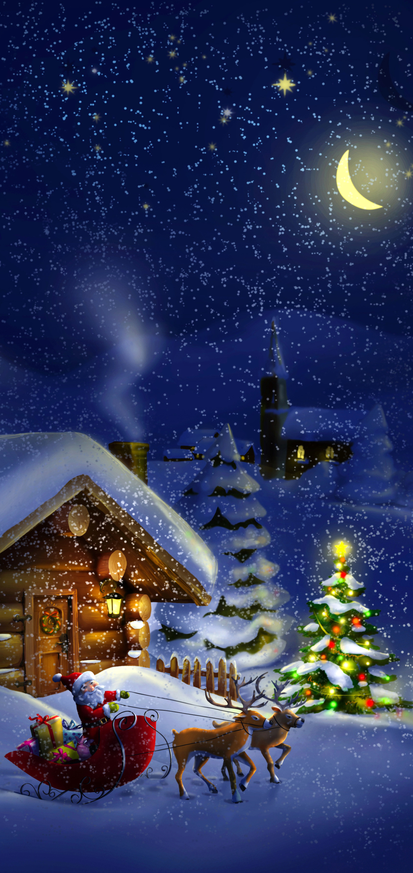 Handy-Wallpaper Feiertage, Weihnachtsmann, Schnee, Weihnachten, Weihnachtsbaum, Hütte, Schlitten, Schneefall, Nacht, Kabine, Rentier kostenlos herunterladen.