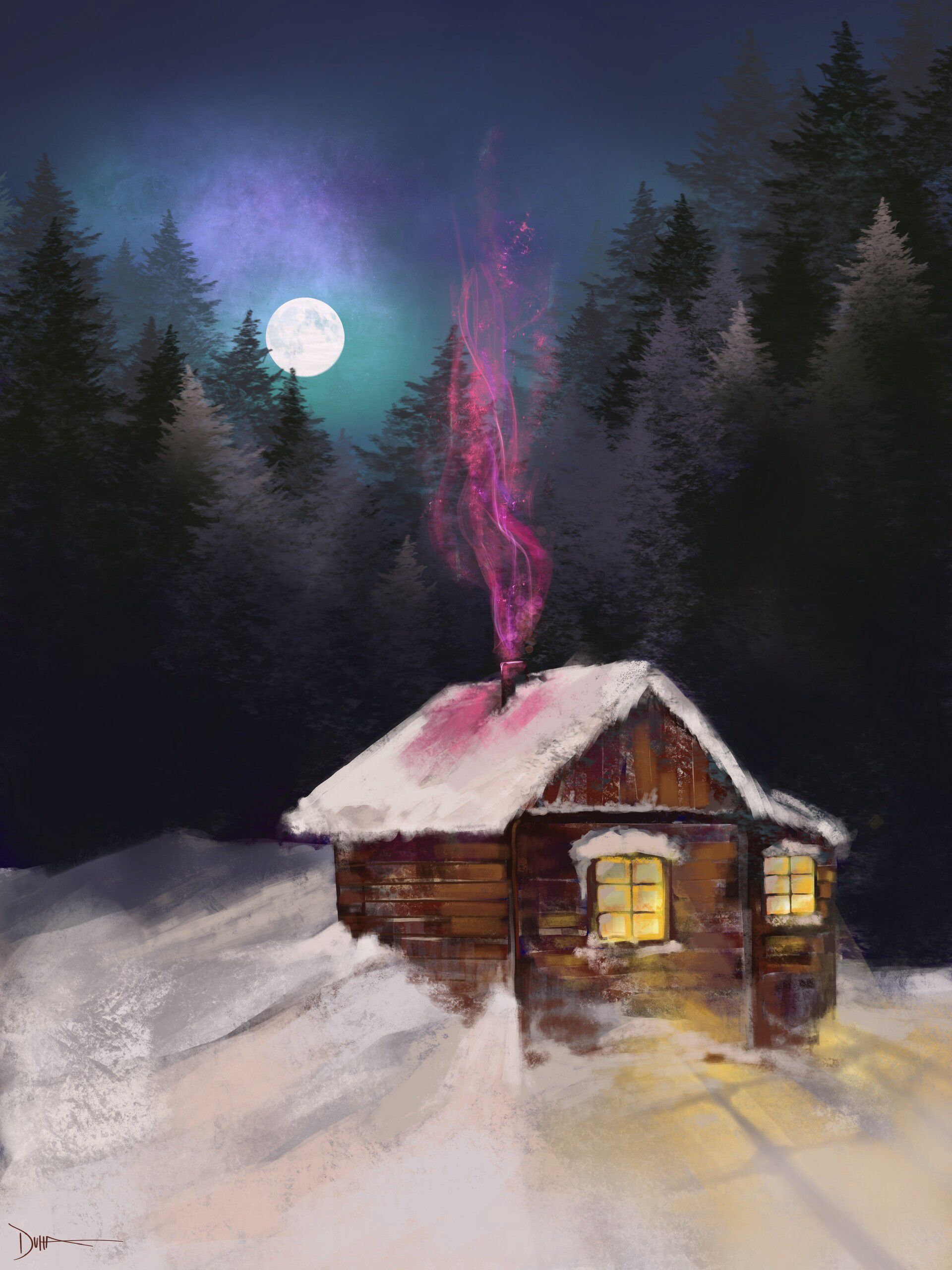 Horizontal Wallpaper smoke, winter, art, night, snow, house