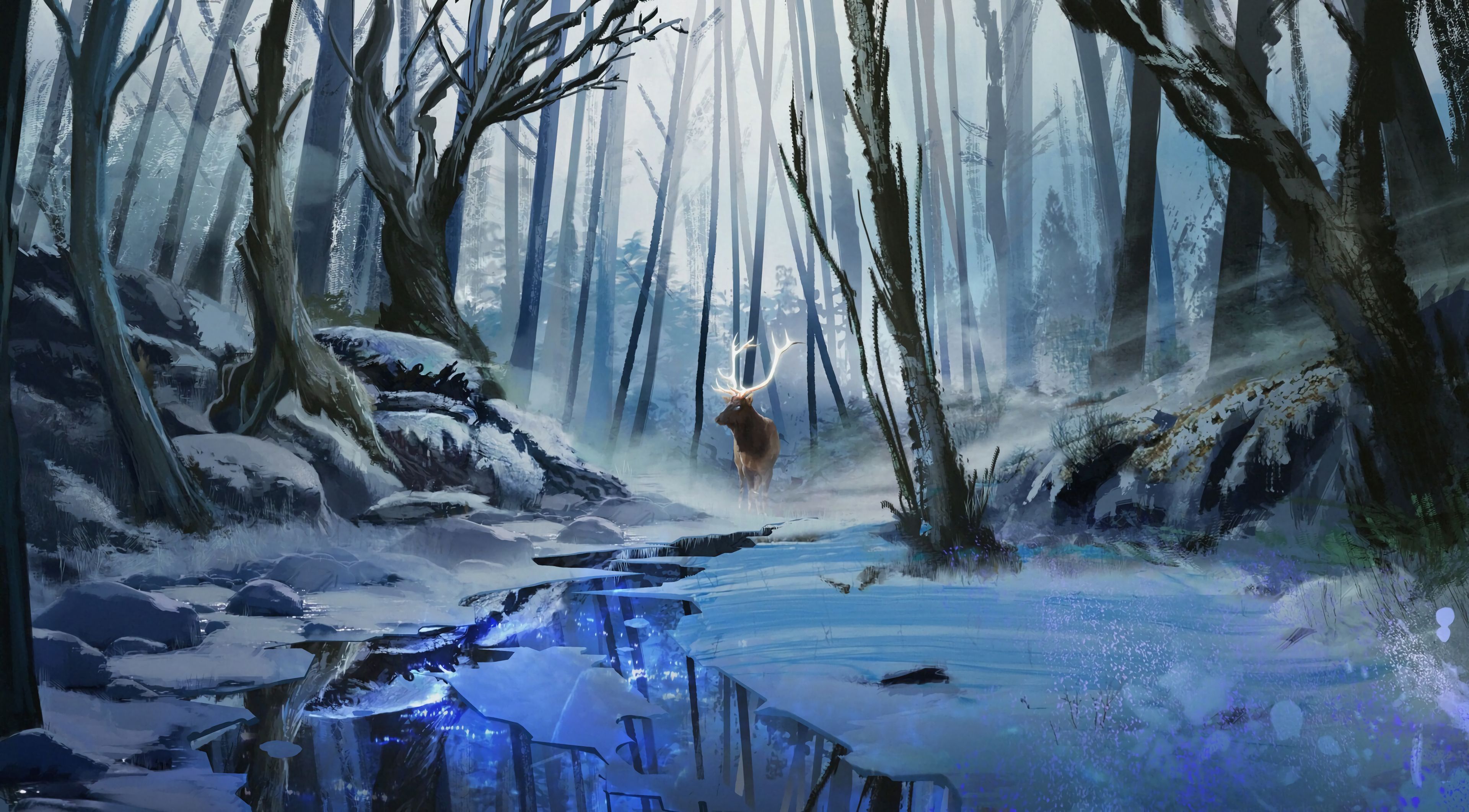 Laden Sie das Hirsch, Wald, Winter, Flüsse, Kunst-Bild kostenlos auf Ihren PC-Desktop herunter