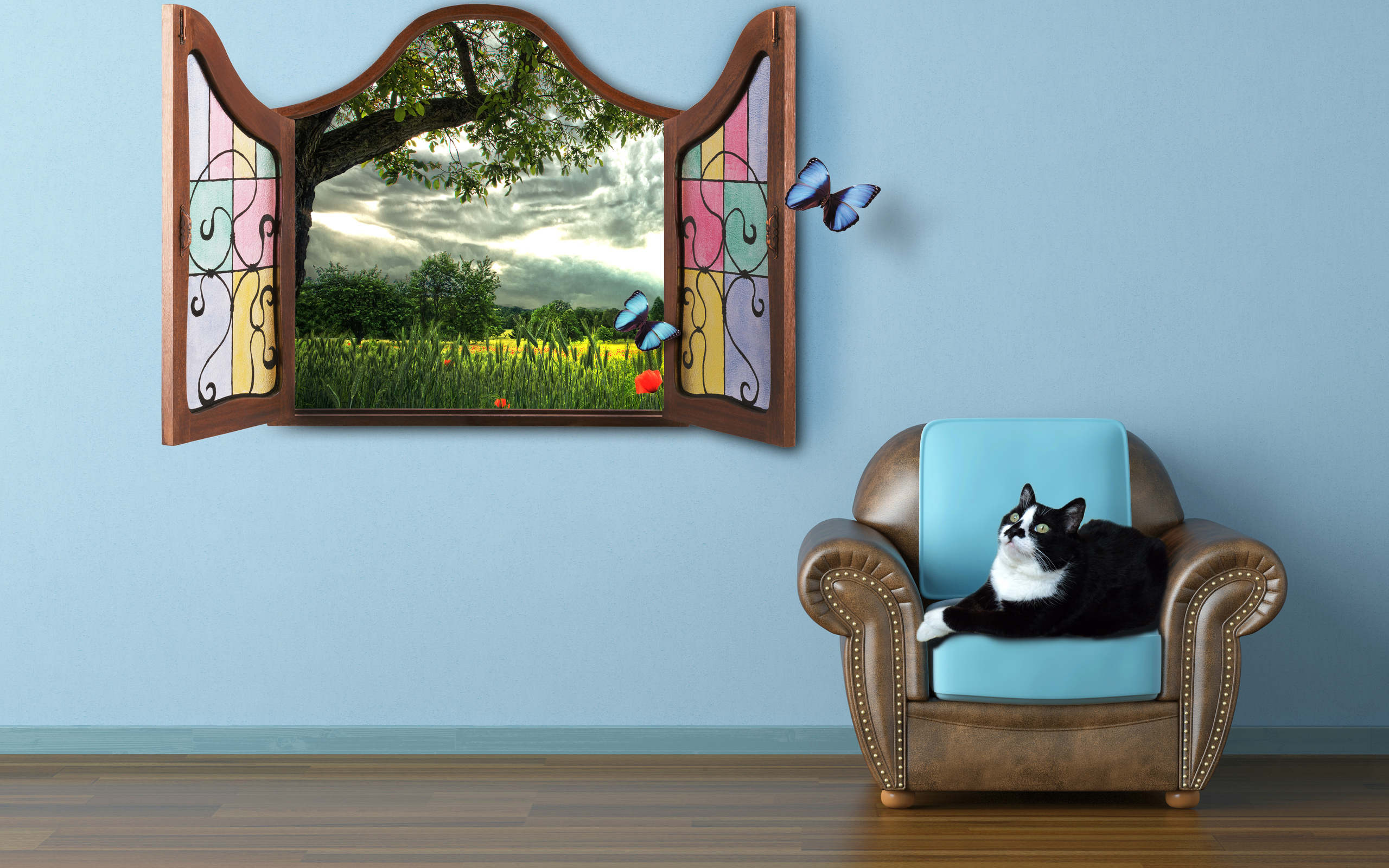Handy-Wallpaper Manipulation, Schmetterlinge, Katze, Katzen, Tiere, Süß kostenlos herunterladen.