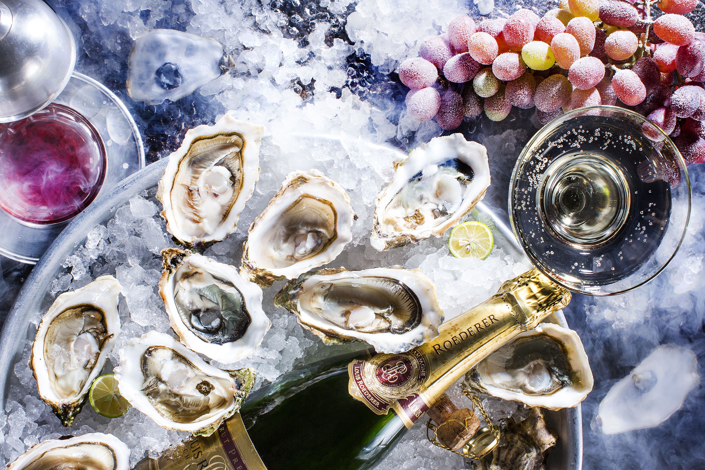 food, still life, champagne, grapes, mollusc, oyster, seafood