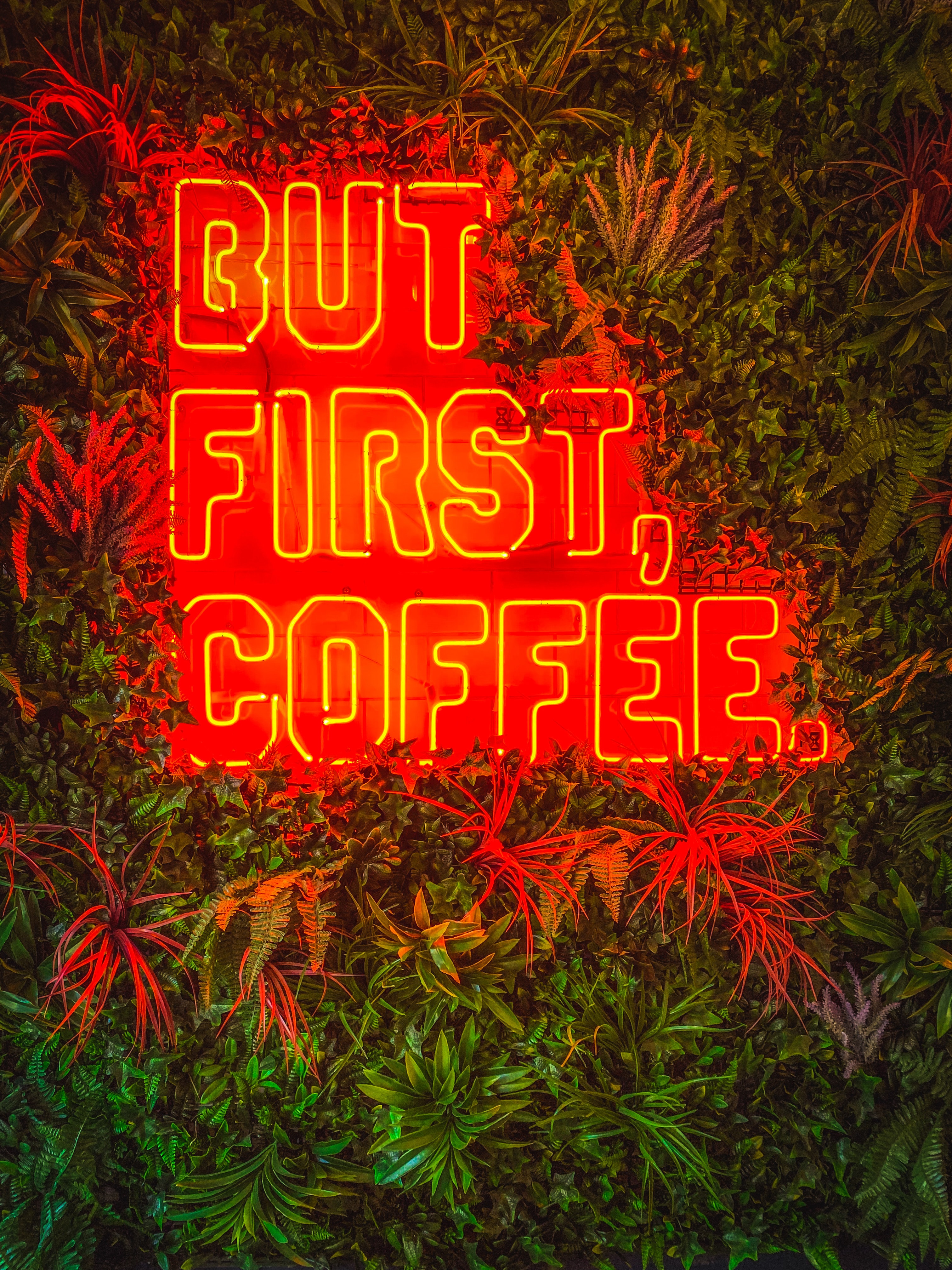 Download mobile wallpaper Plants, Inscription, Words, Coffee, Neon for free.