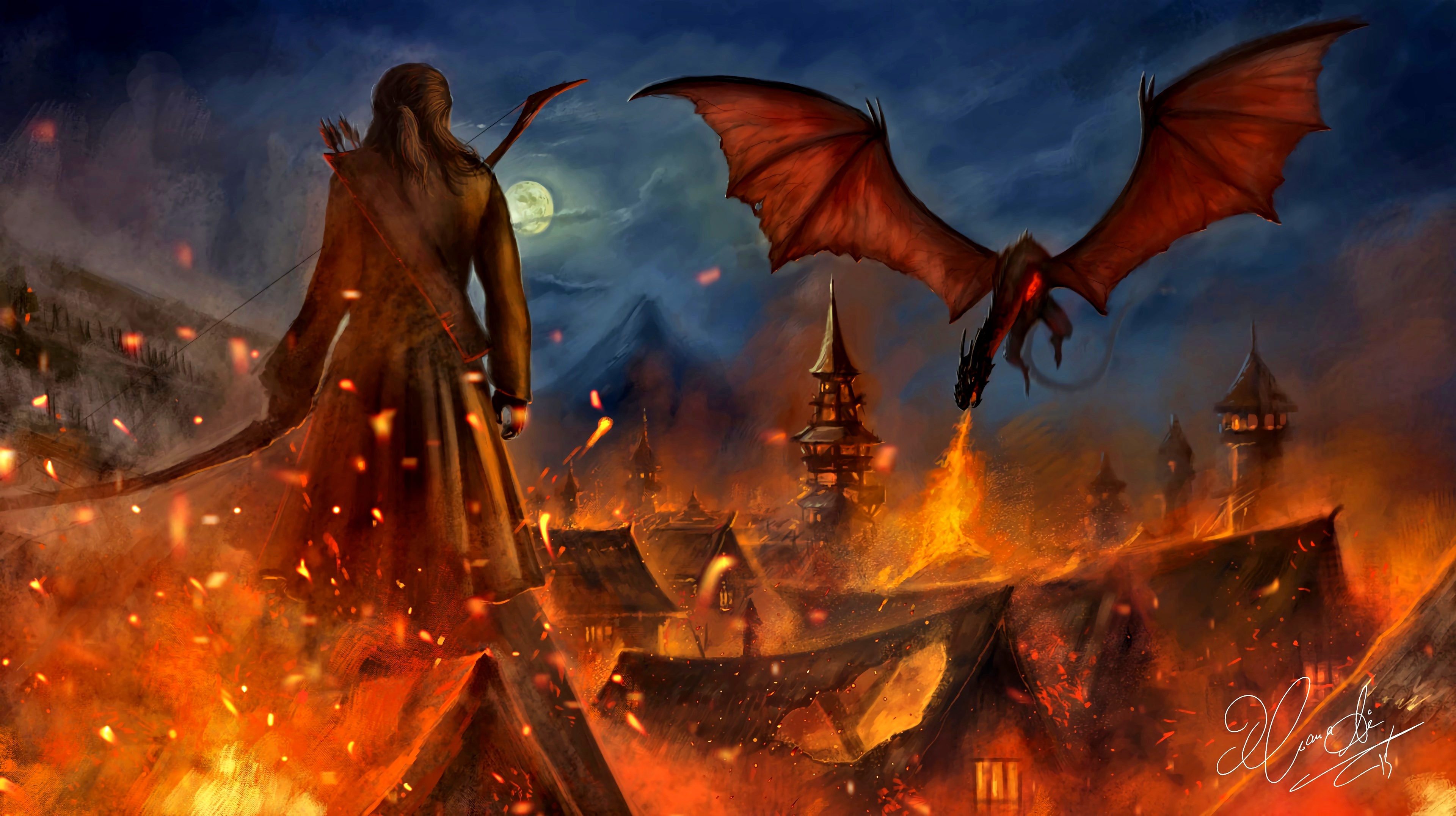 Descarga gratuita de fondo de pantalla para móvil de Fuego, El Señor De Los Anillos, Dragón, Arquero, Películas, El Hobbit: La Batalla De Los Cinco Ejércitos.